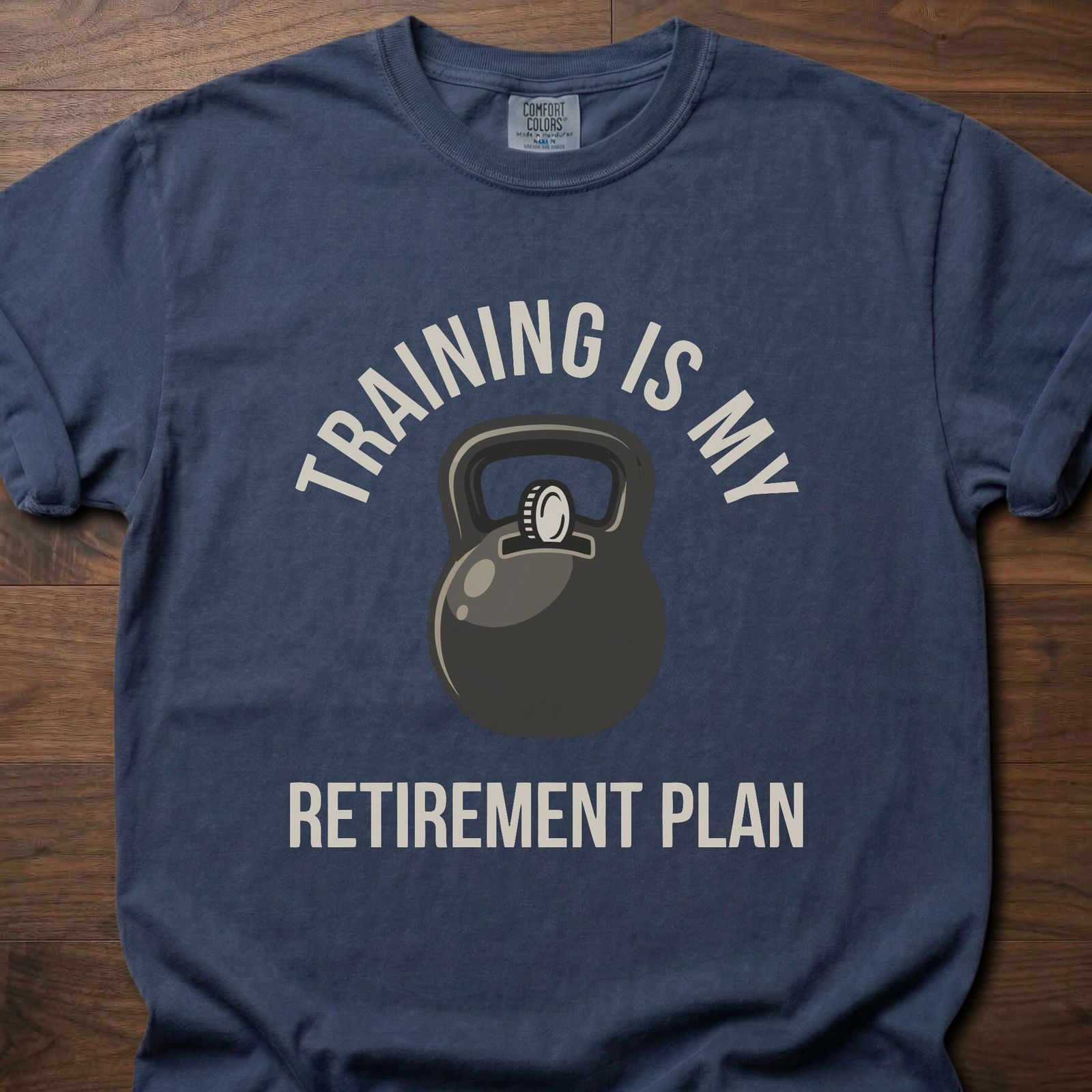 Training Is My Retirement Plan strength training lifestyle clothing with kettlebell graphic design – Navy