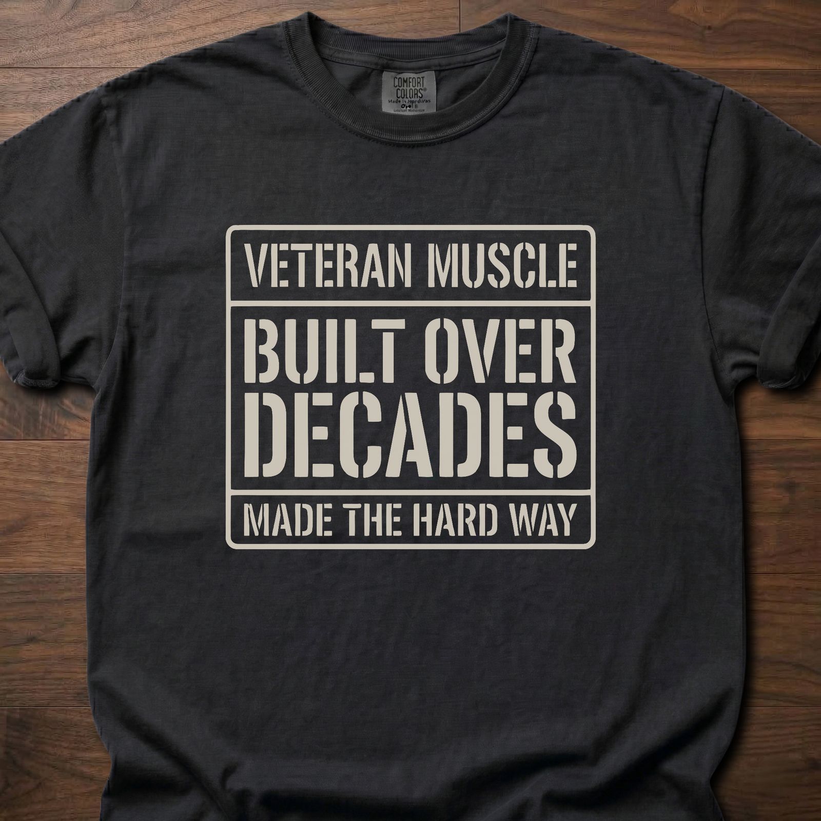 Veteran Muscle strength training t shirts featuring built over decades message in bold square design – Black