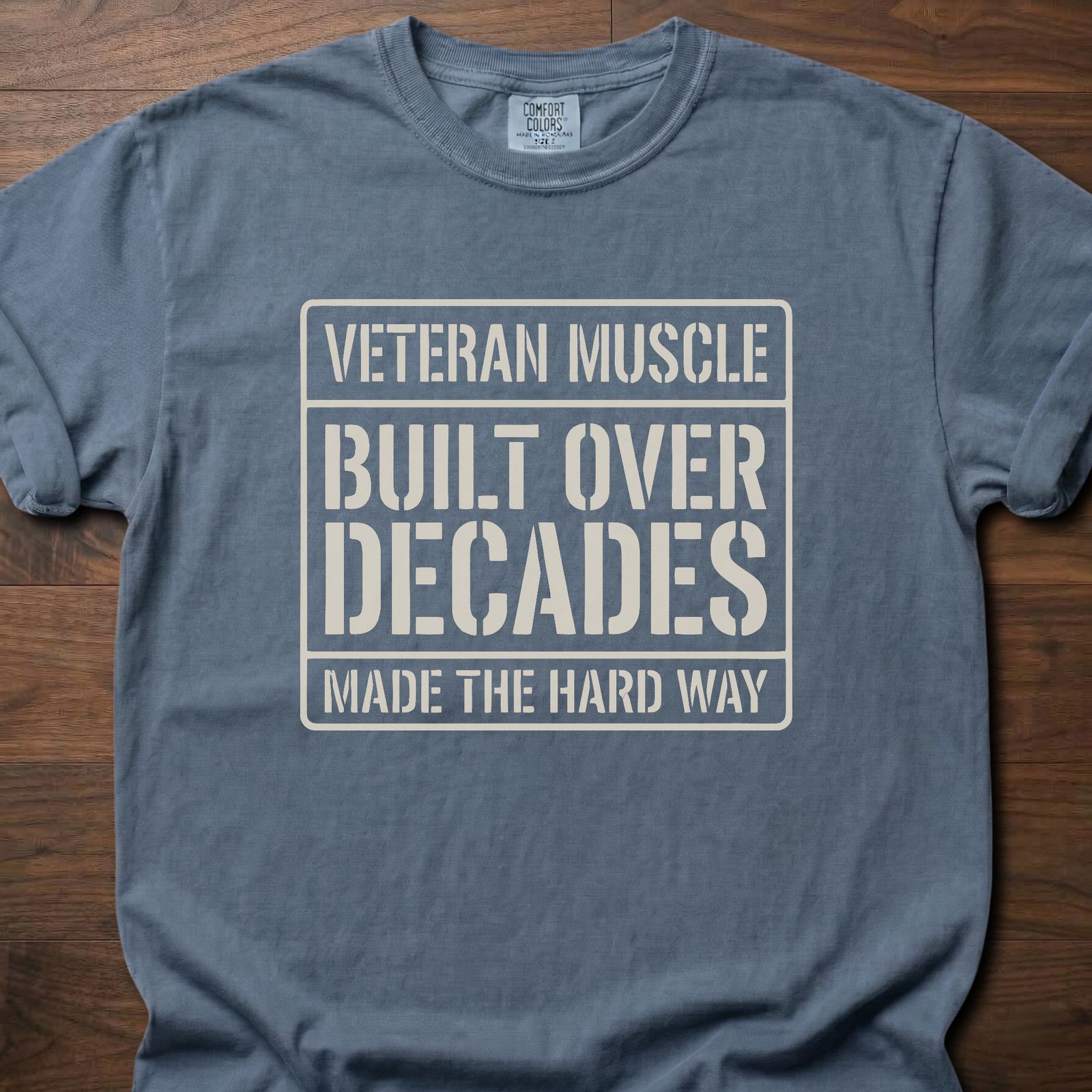 Veteran Muscle strength training t shirts featuring built over decades message in bold square design – Blue Jean