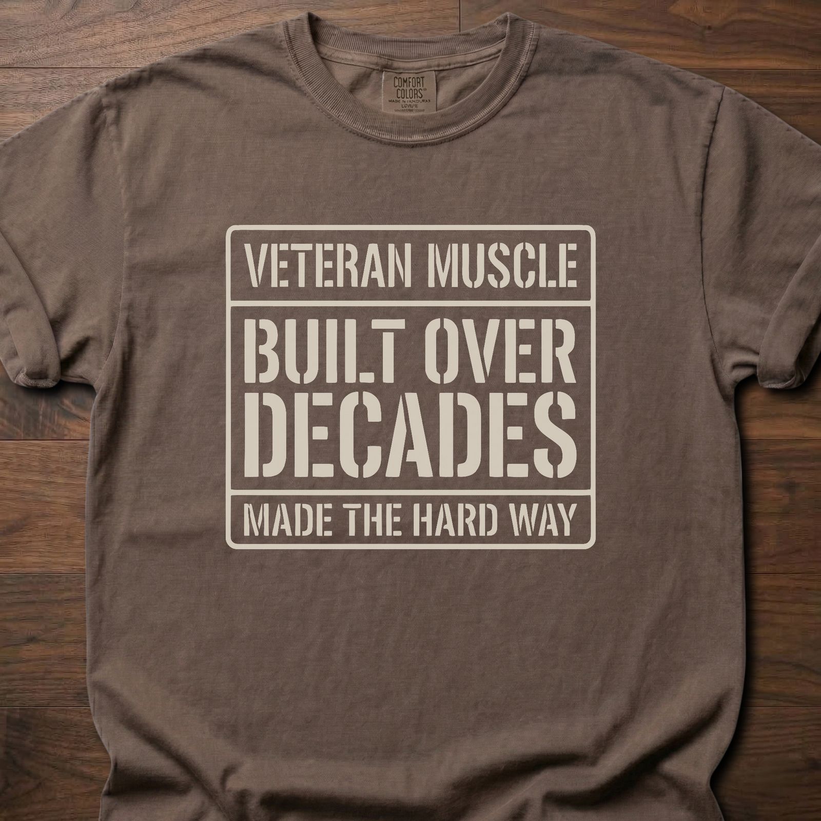Veteran Muscle strength training t shirts featuring built over decades message in bold square design – Espresso