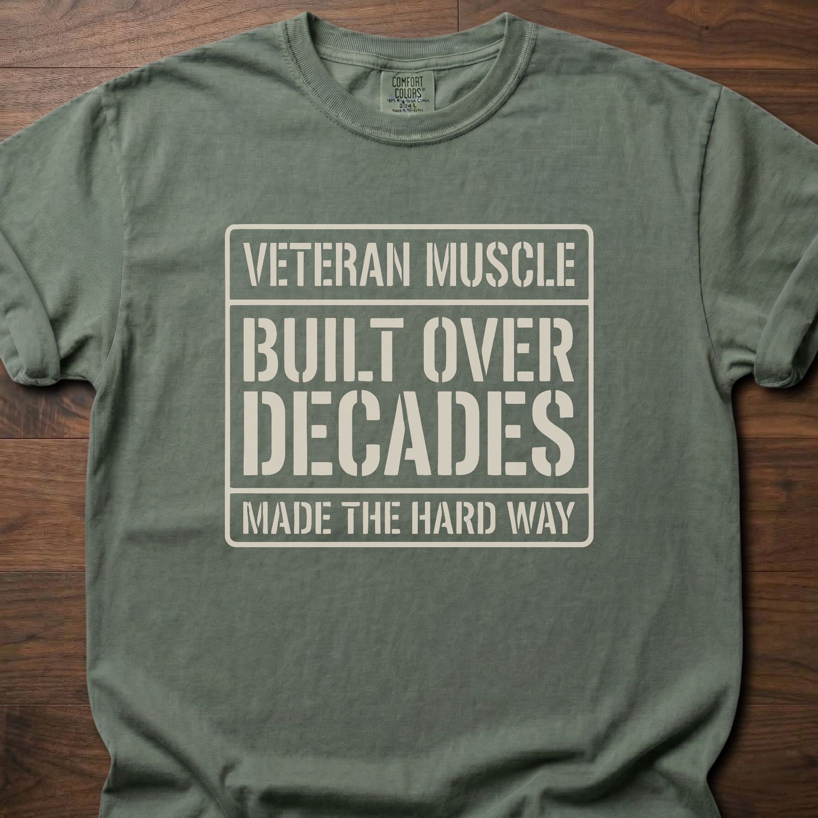 Veteran Muscle strength training t shirts featuring built over decades message in bold square design – Moss