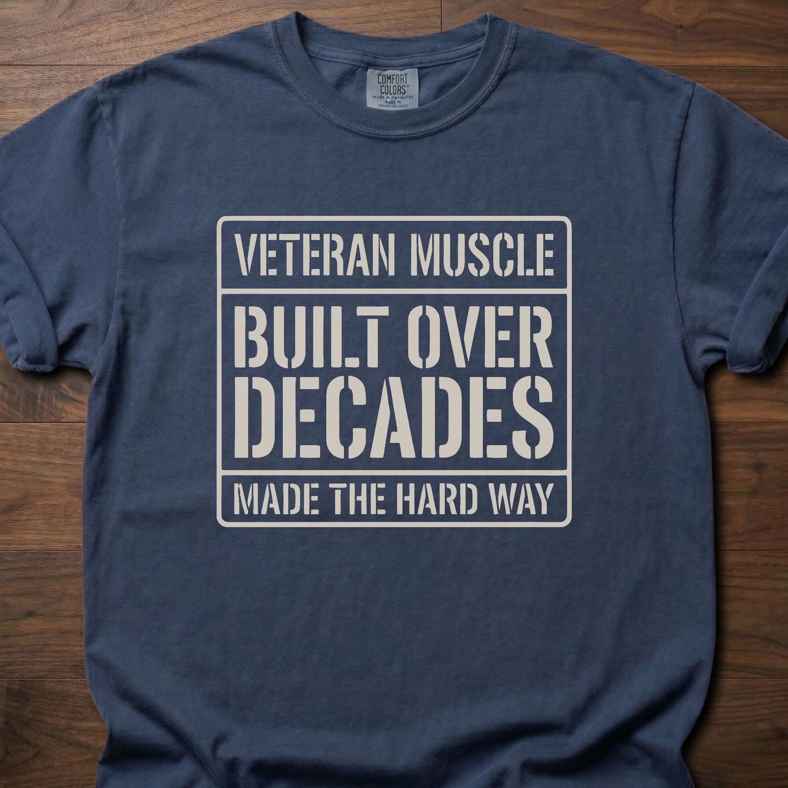 Veteran Muscle strength training t shirts featuring built over decades message in bold square design – Navy