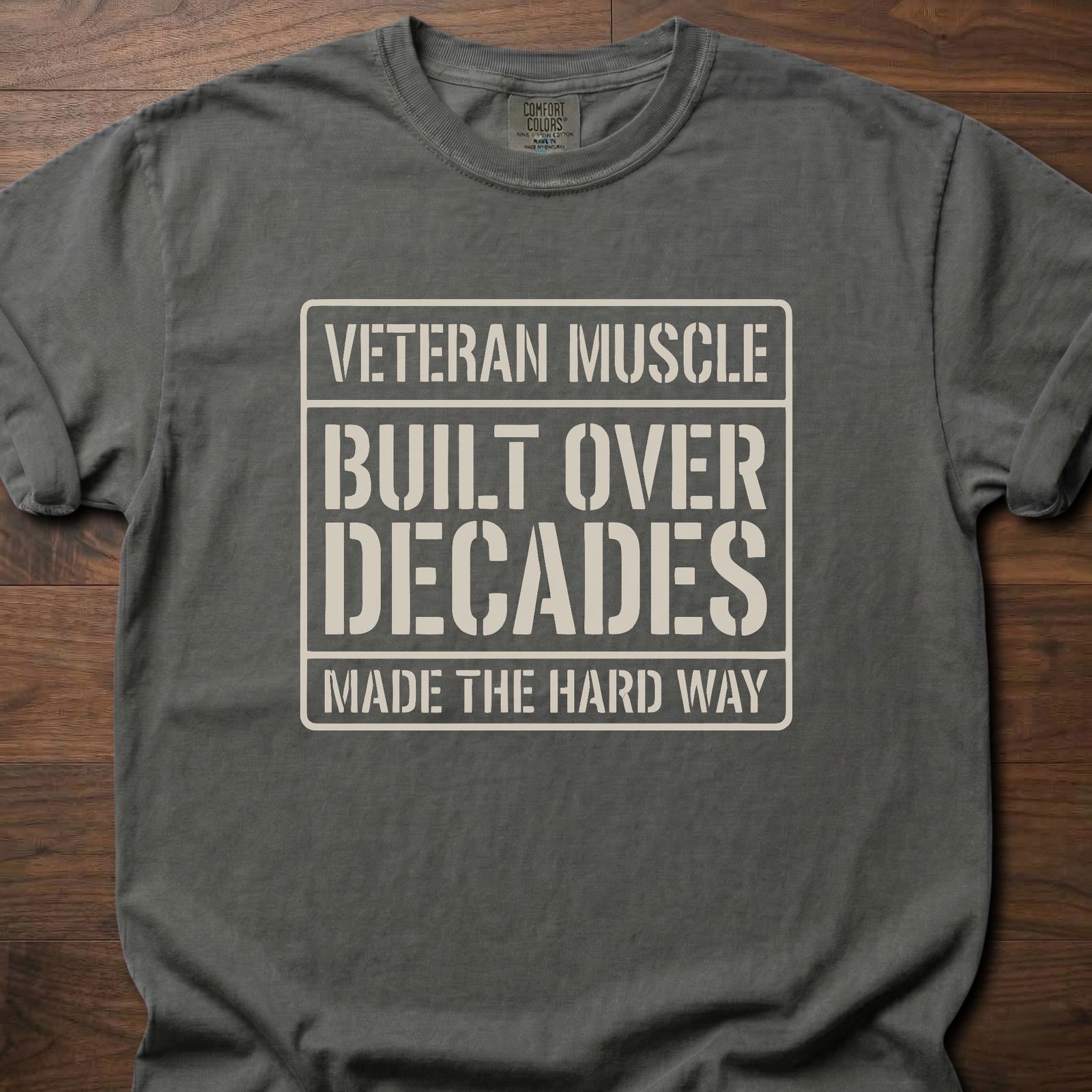 Veteran Muscle strength training t shirts featuring built over decades message in bold square design – Pepper