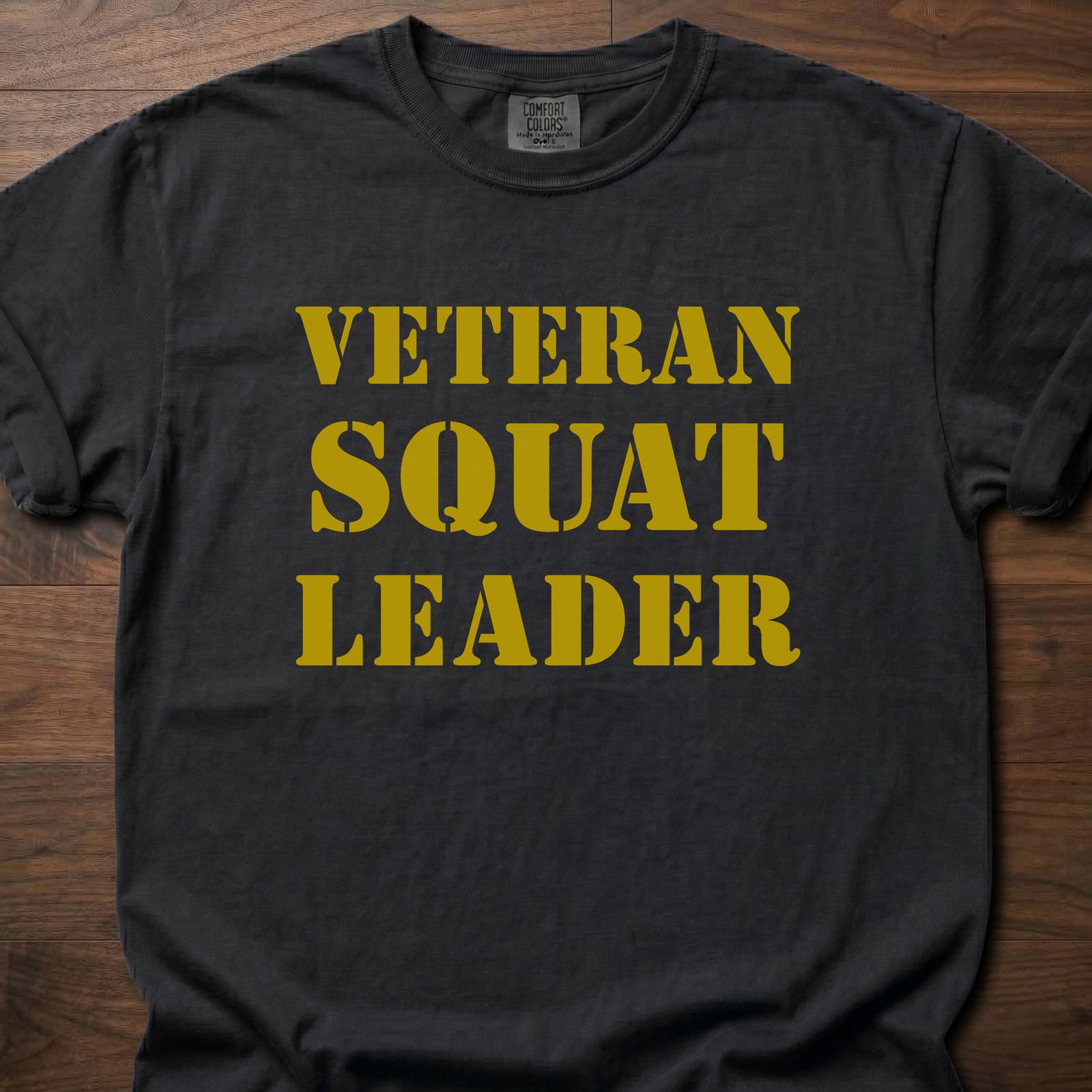 Veteran Squat Leader strength training t shirt with bold stencil lettering design – Black