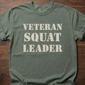 Veteran Squat Leader strength training t shirt with bold stencil lettering design – Moss