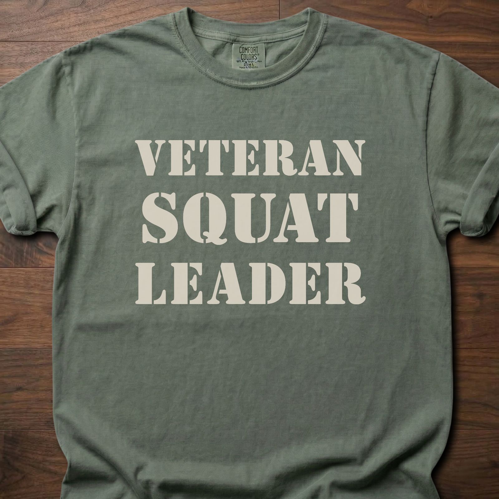Veteran Squat Leader strength training t shirt with bold stencil lettering design – Moss