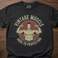 Vintage Muscle strength training t-shirt featuring flexing bodybuilder in circle badge design – Black