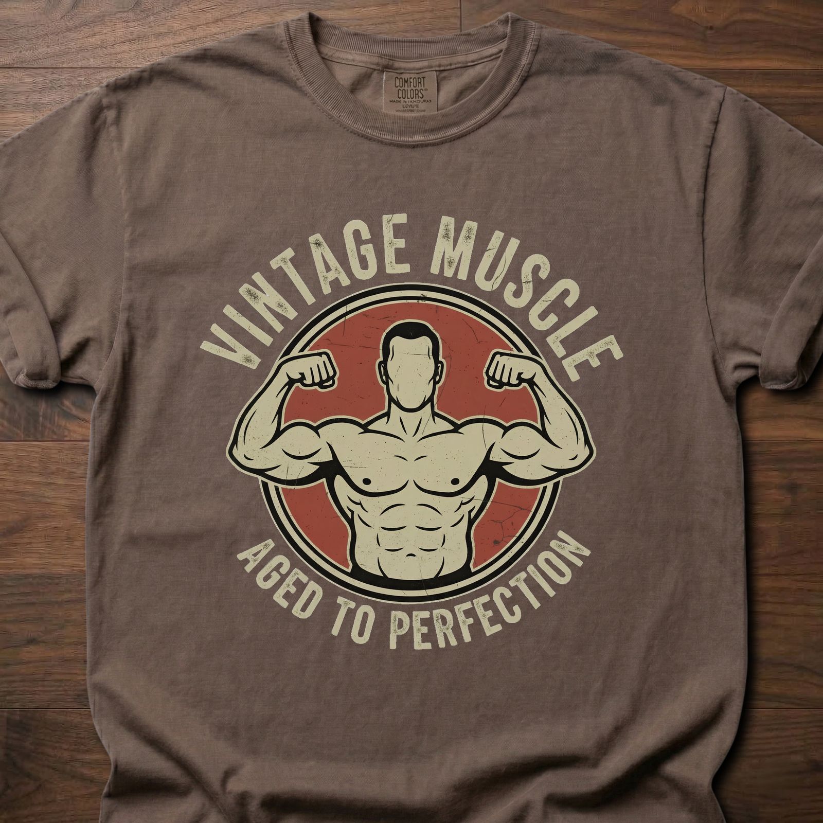 Vintage Muscle strength training t-shirt featuring flexing bodybuilder in circle badge design – Espresso