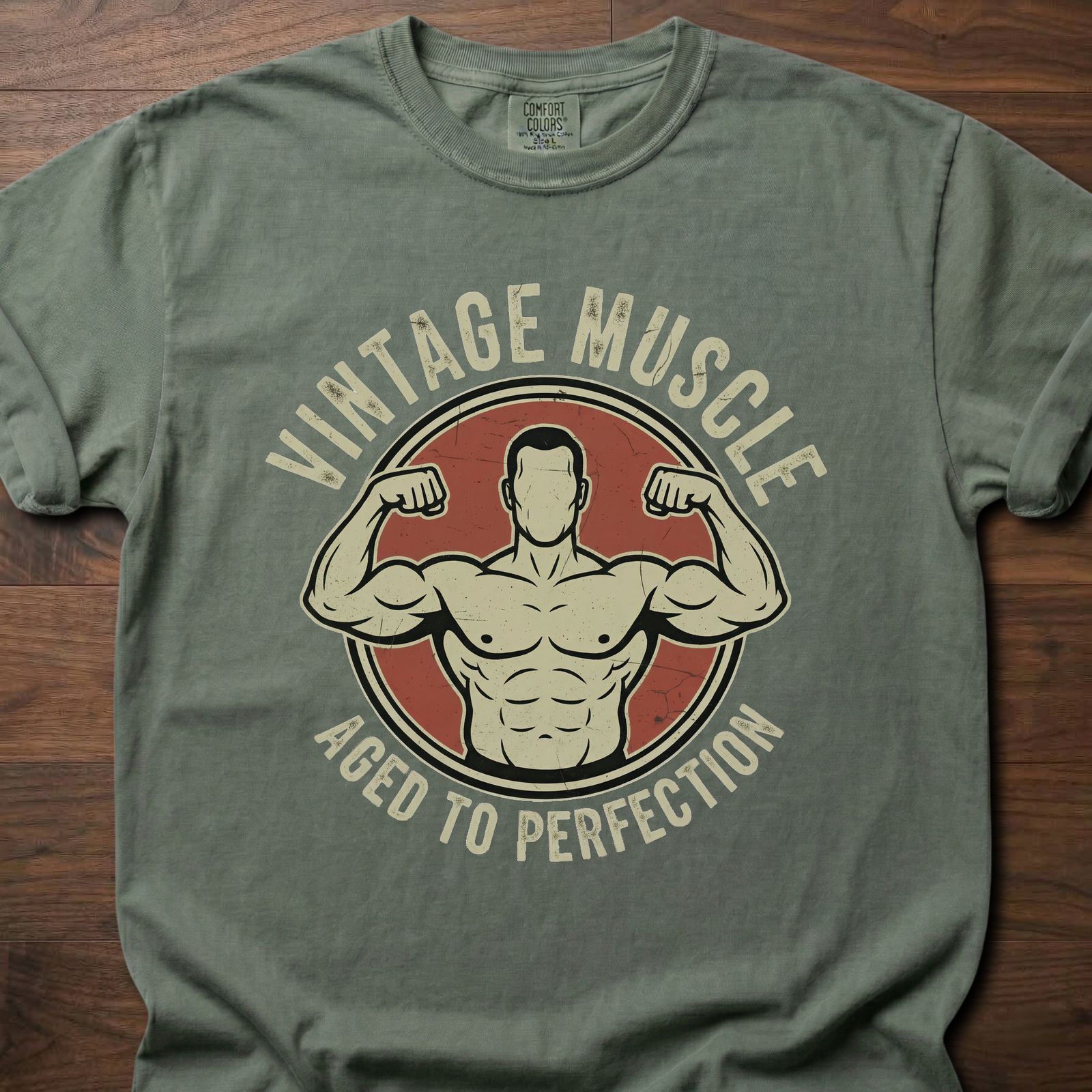 Vintage Muscle strength training t-shirt featuring flexing bodybuilder in circle badge design – Moss