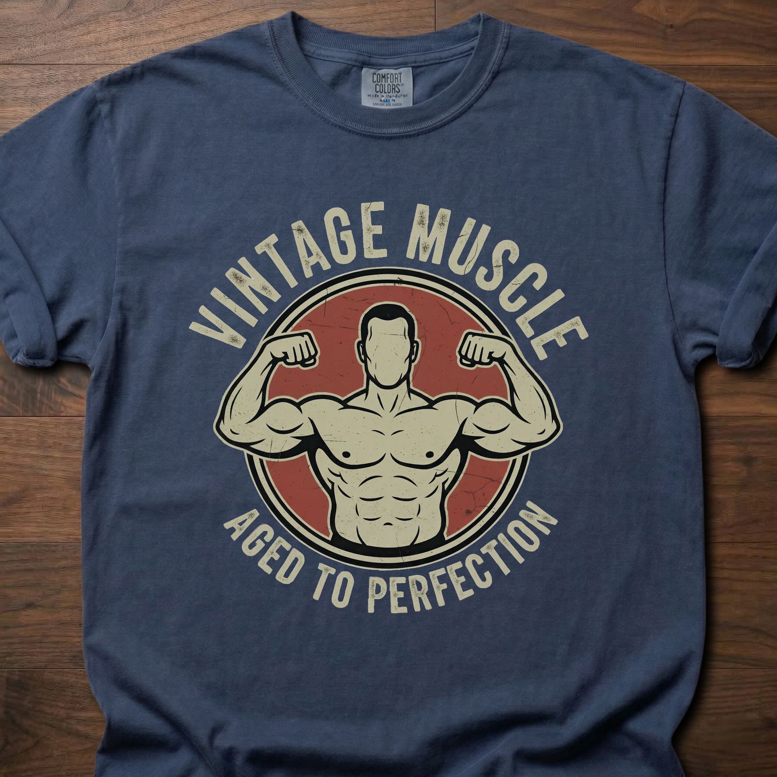 Vintage Muscle strength training t-shirt featuring flexing bodybuilder in circle badge design – Navy