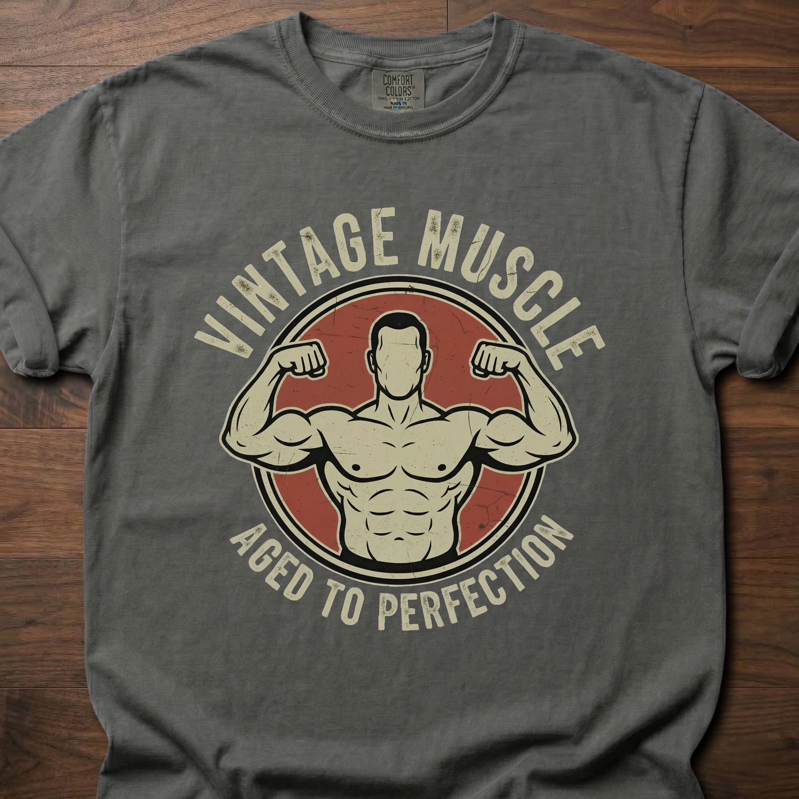 Vintage Muscle strength training t-shirt featuring flexing bodybuilder in circle badge design – Pepper