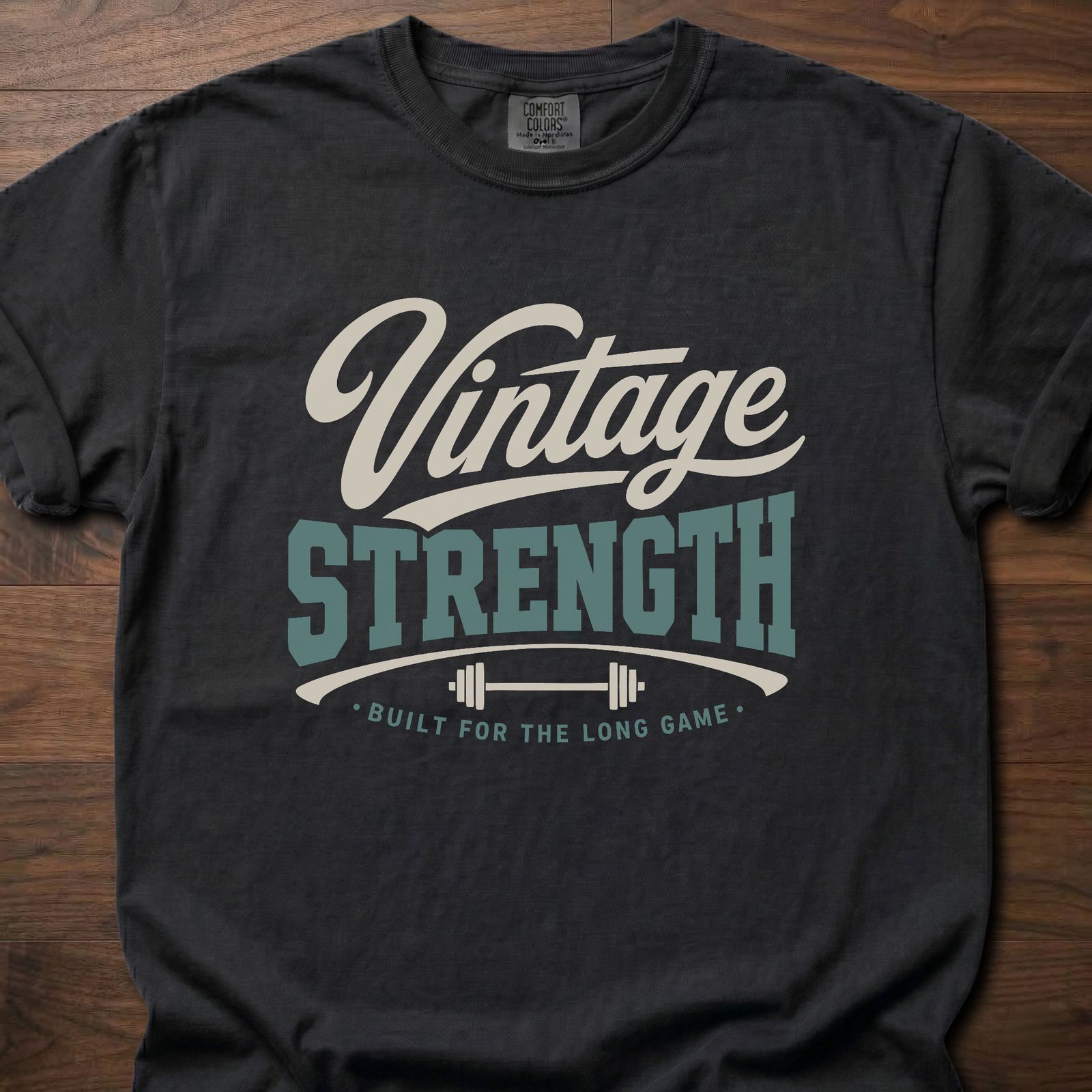 Vintage Strength Swash strength training t-shirt with script lettering and barbell design – Black