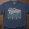 Vintage Strength Swash strength training t-shirt with script lettering and barbell design – Navy