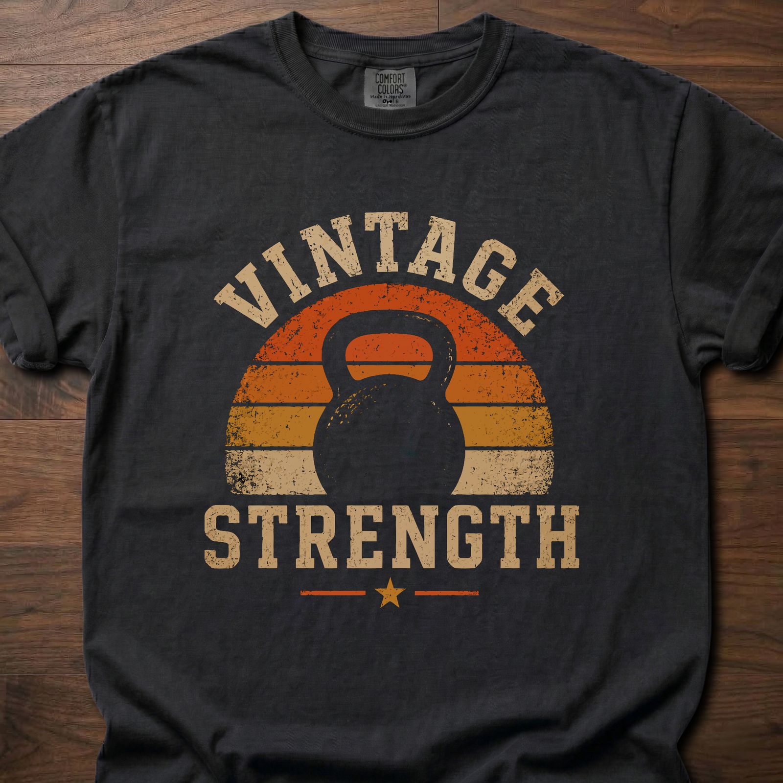 Vintage Strength fitness lifestyle t-shirt featuring retro sunset with kettlebell silhouette – Black
