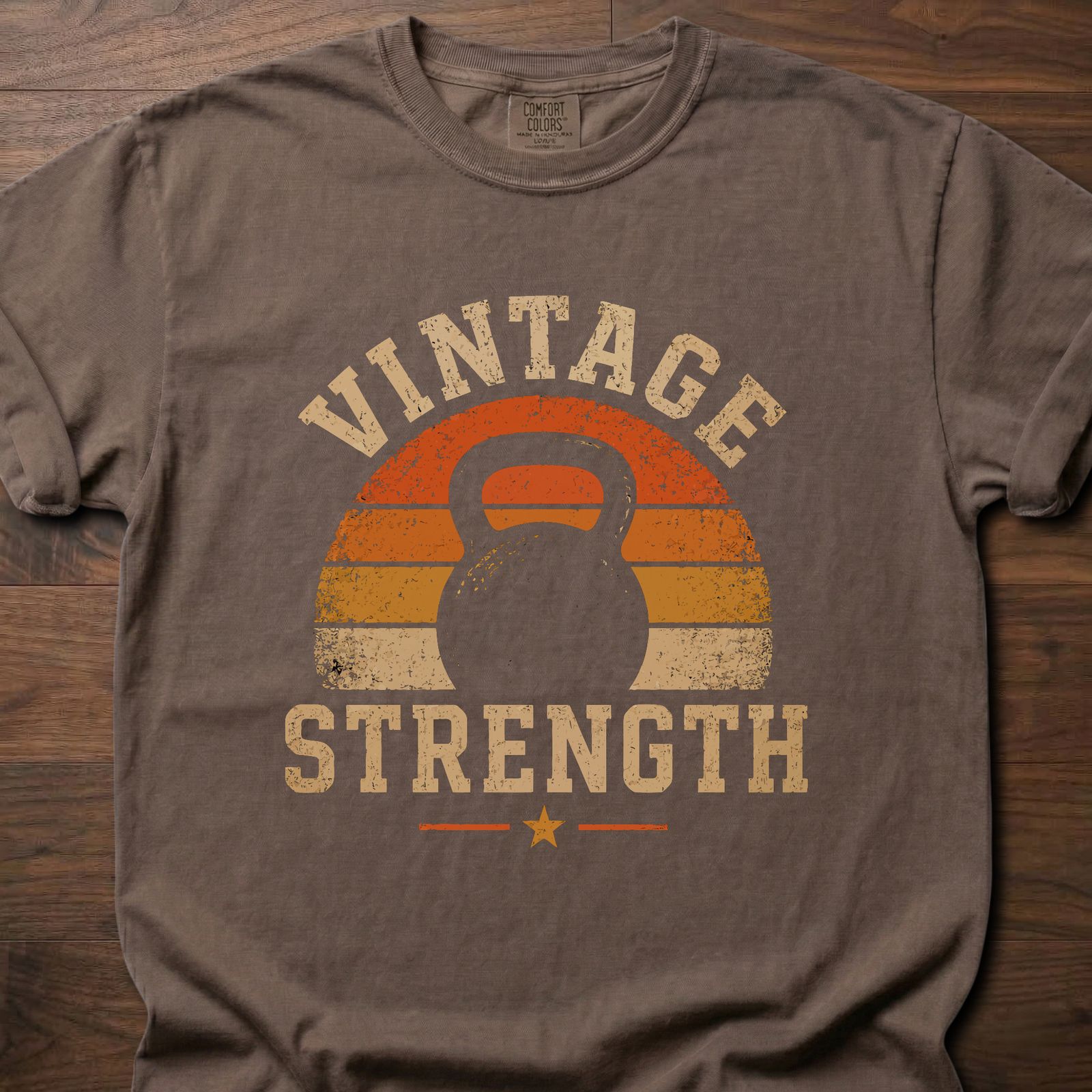 Vintage Strength fitness lifestyle t-shirt featuring retro sunset with kettlebell silhouette – Espresso