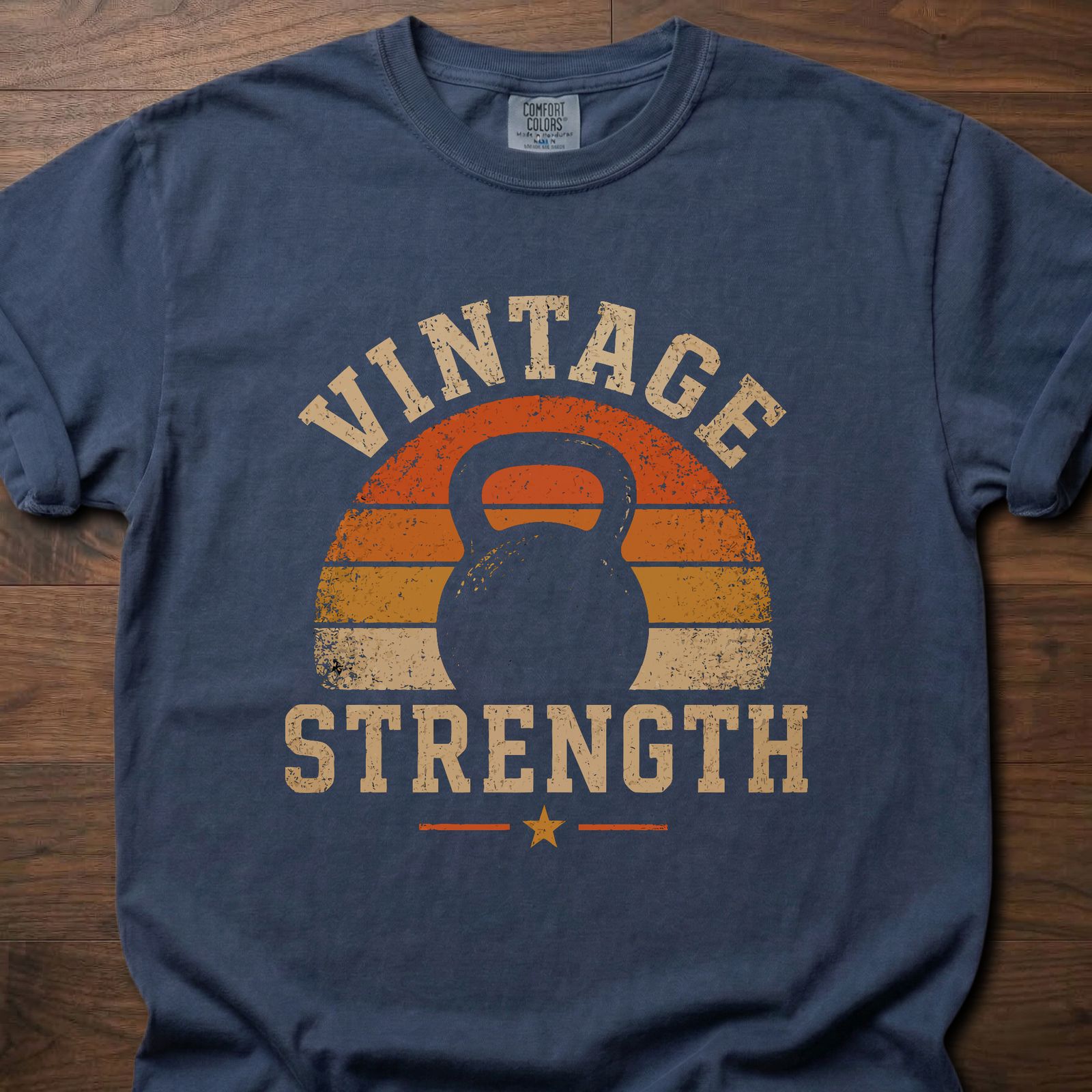 Vintage Strength fitness lifestyle t-shirt featuring retro sunset with kettlebell silhouette – Navy