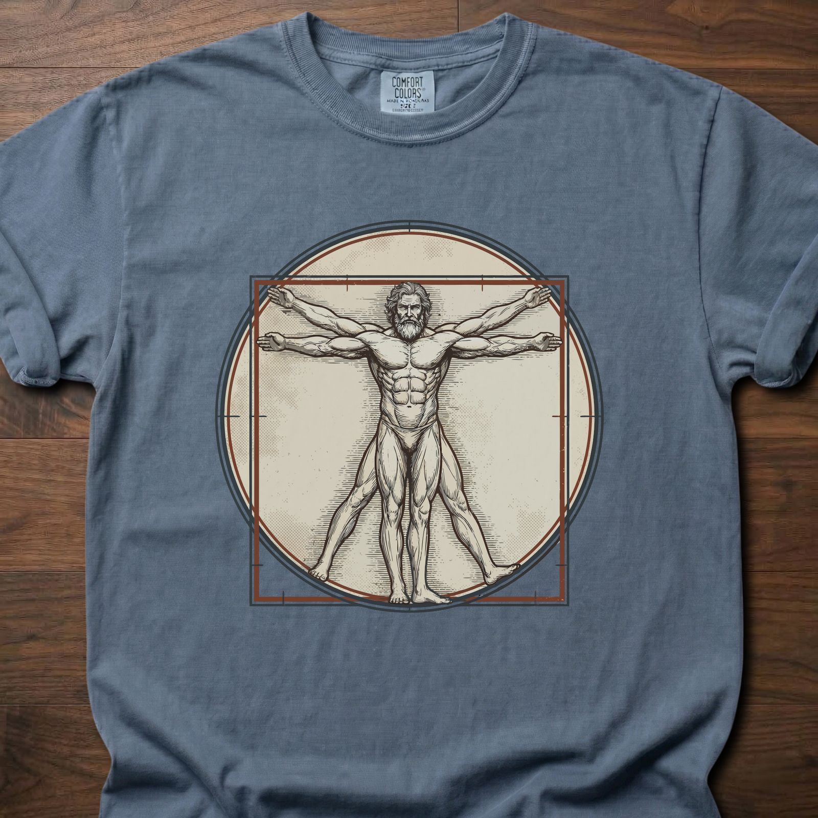 Vitruvian Lifter strength training lifestyle clothing featuring Da Vinci's classic figure in circle design – Blue Jean