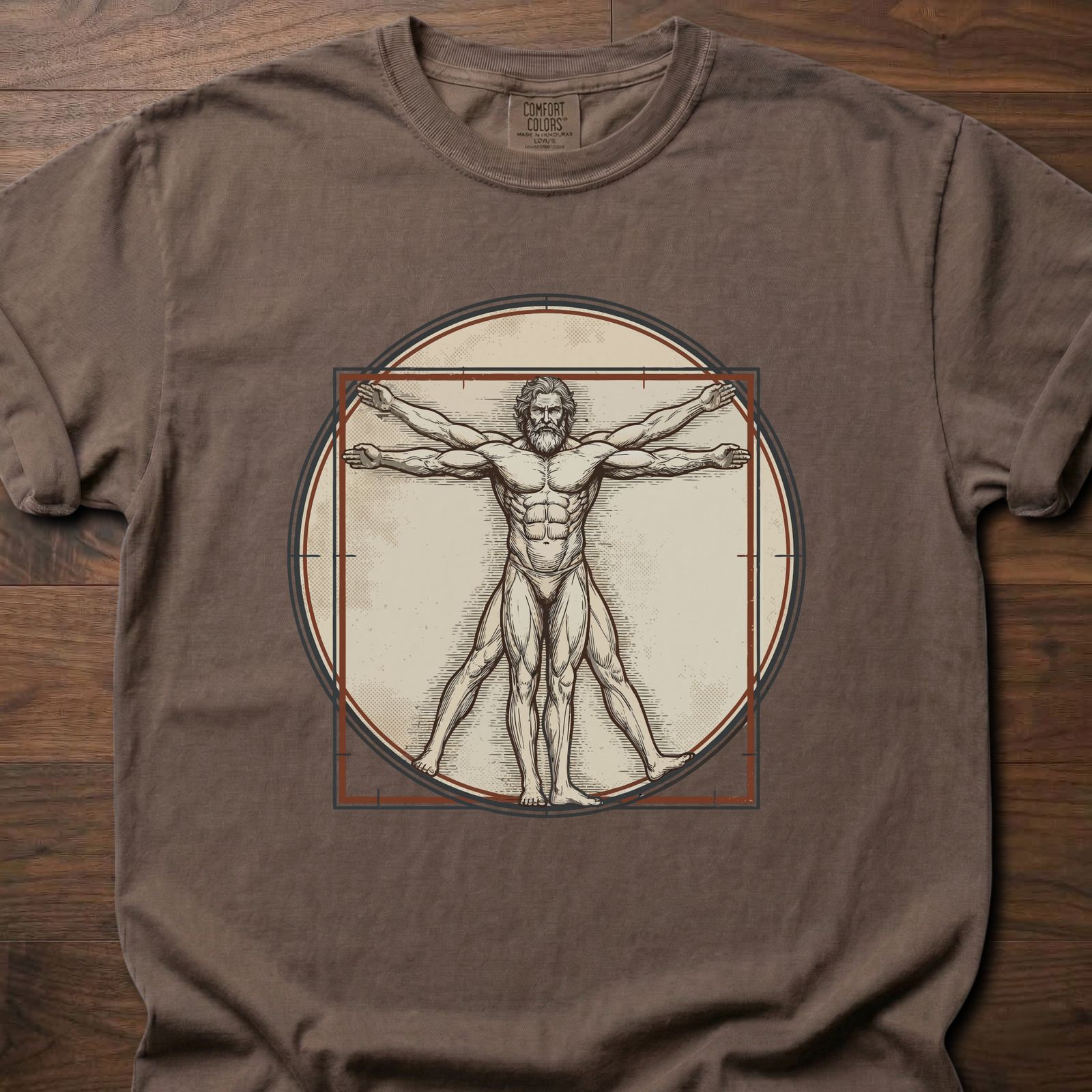 Vitruvian Lifter strength training lifestyle clothing featuring Da Vinci's classic figure in circle design – Espresso