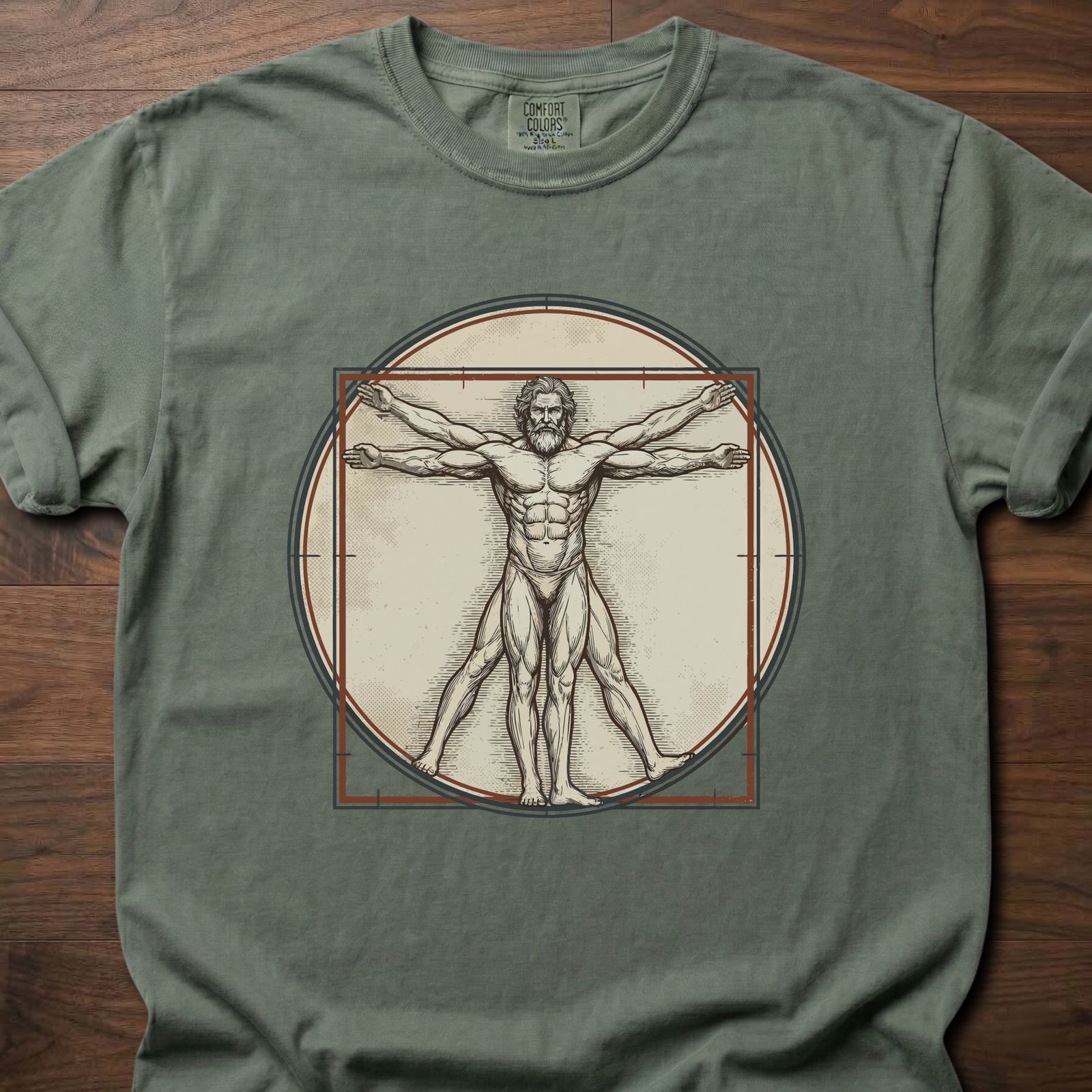 Vitruvian Lifter strength training lifestyle clothing featuring Da Vinci's classic figure in circle design – Moss