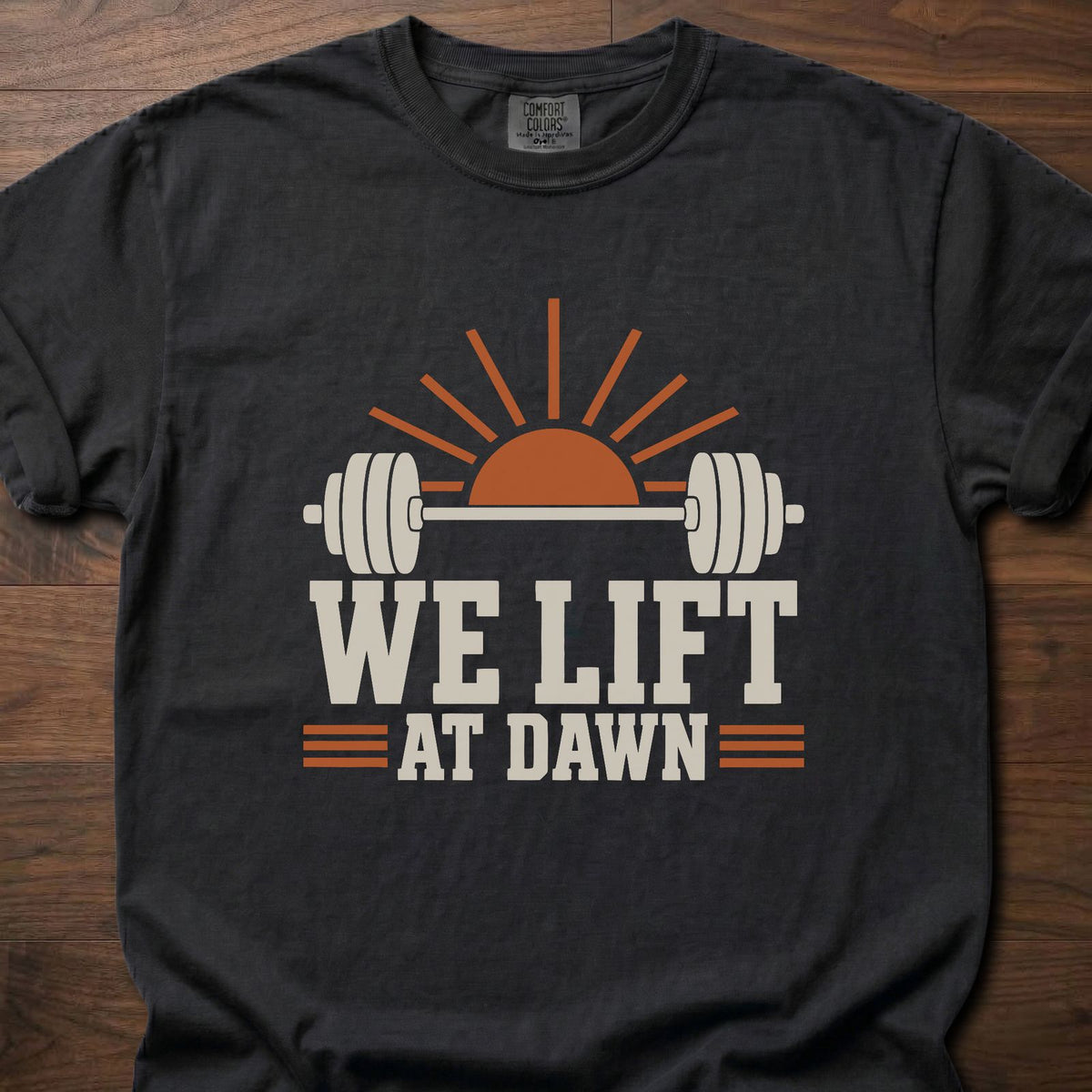 We Lift strength training t-shirt with retro sunrise and bold block graphic – Black