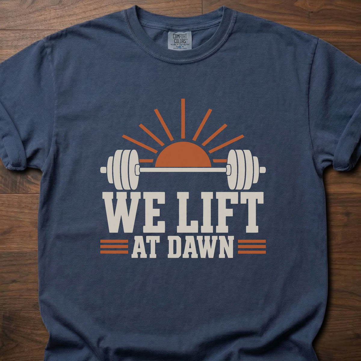 We Lift strength training t-shirt with retro sunrise and bold block graphic – Navy