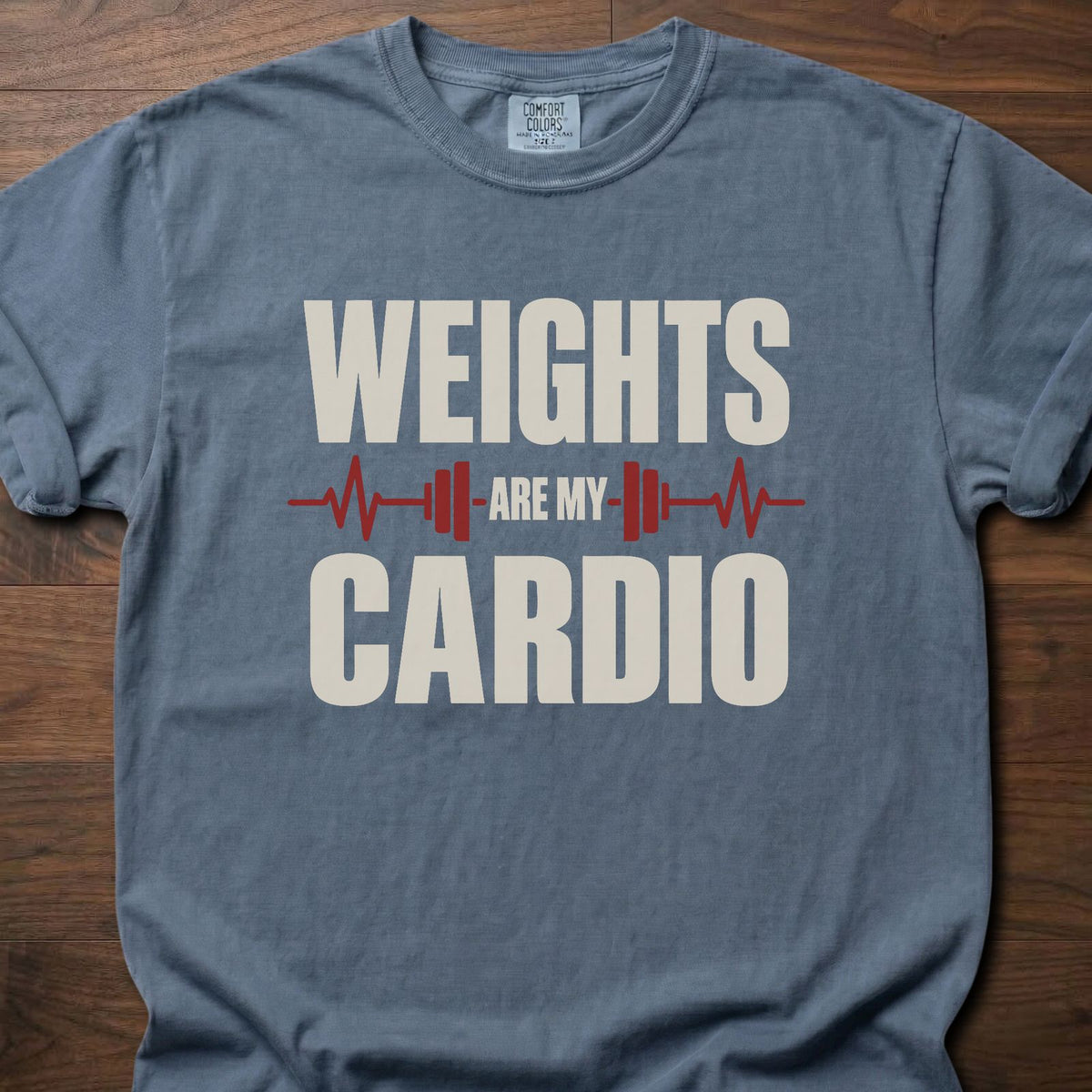 Weights Are My Cardio funny gym shirt with bold block letter graphic – Blue Jean