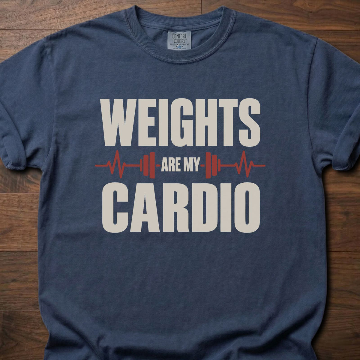Weights Are My Cardio funny gym shirt with bold block letter graphic – Navy