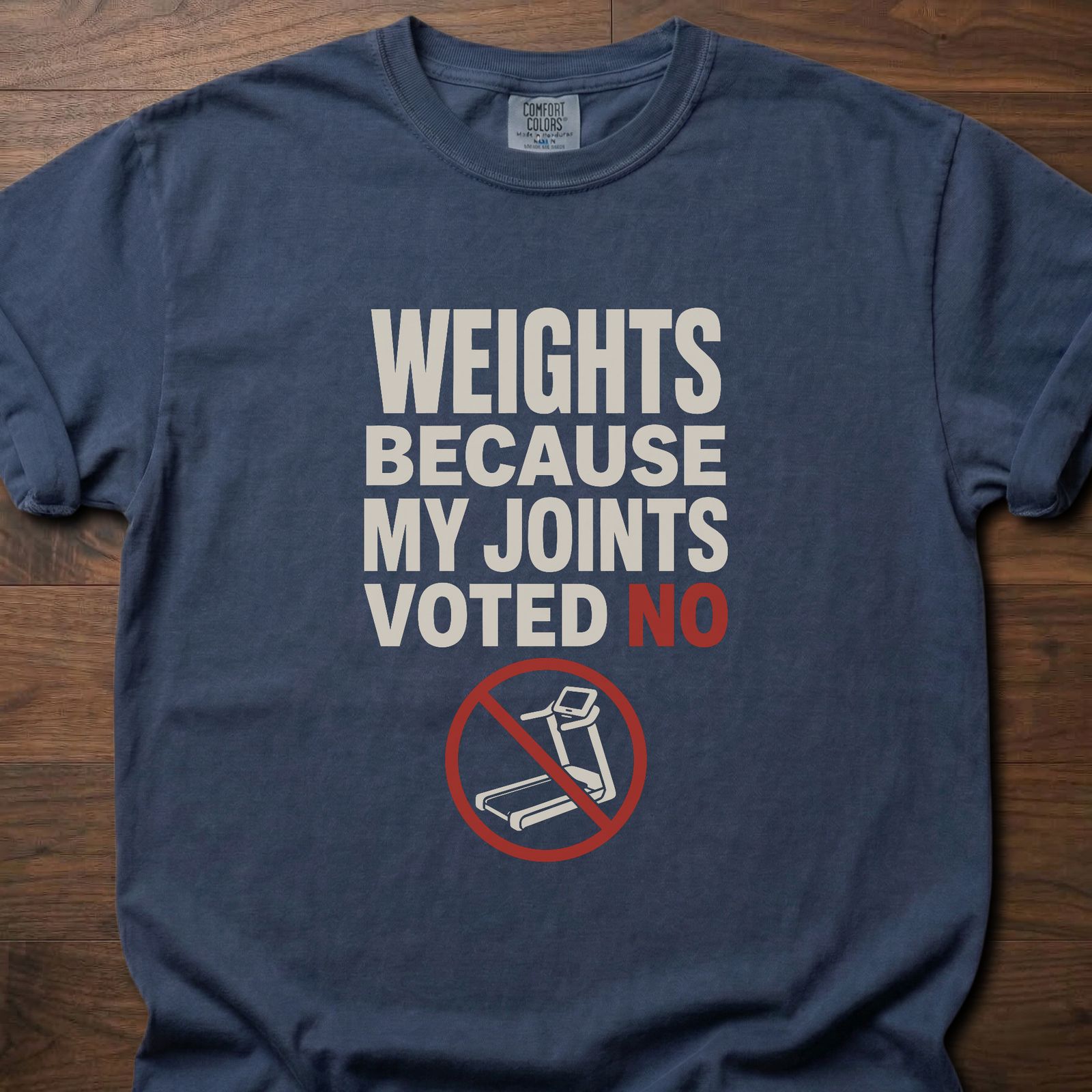 Weights Because strength training lifestyle clothing with no-treadmill graphic and bold slogan – Navy