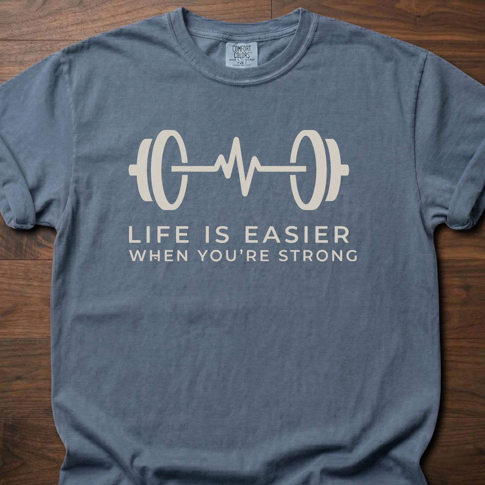 When You're Strong strength training t-shirt with barbell heartbeat design and motivational text – Blue Jean