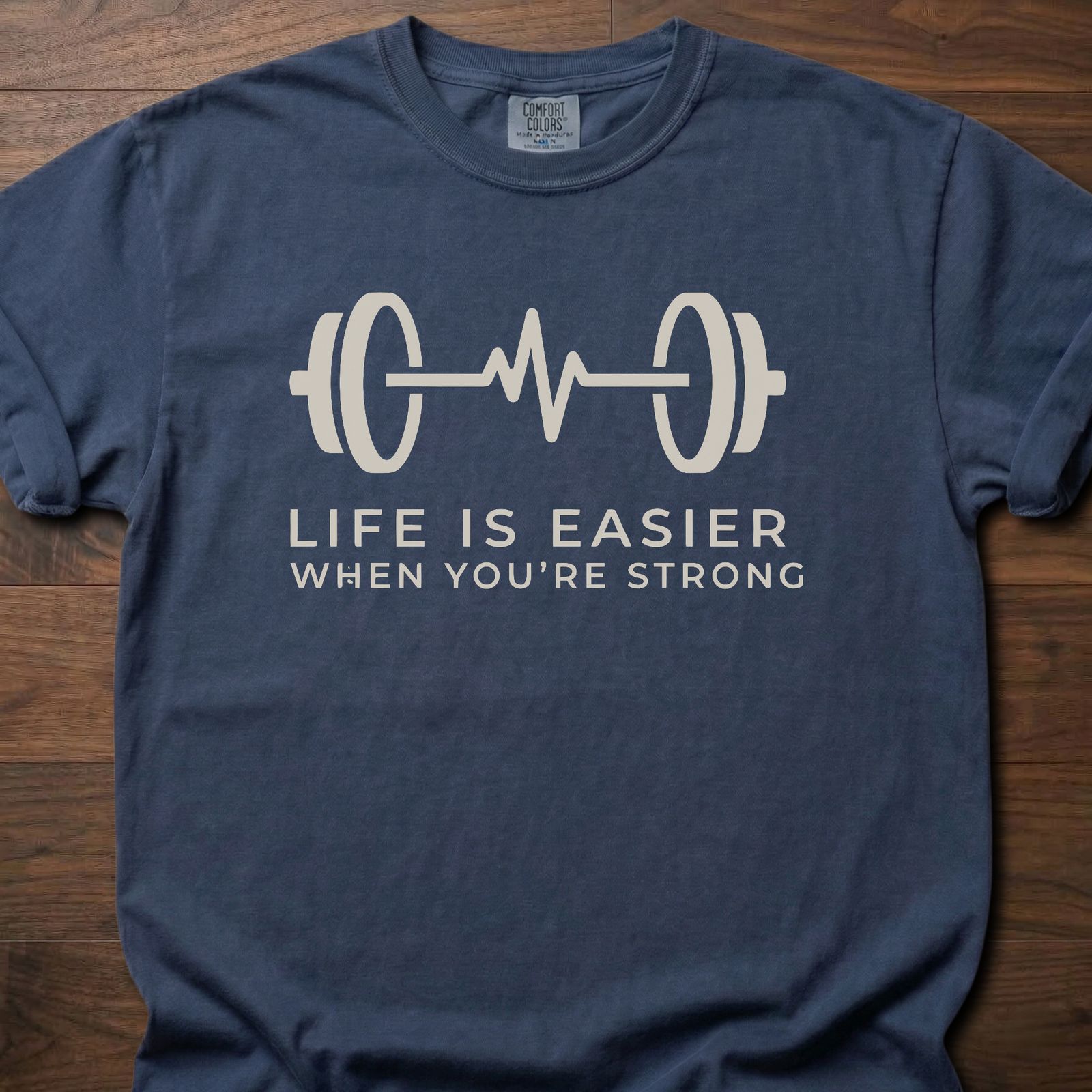 When You're Strong strength training t-shirt with barbell heartbeat design and motivational text – Navy