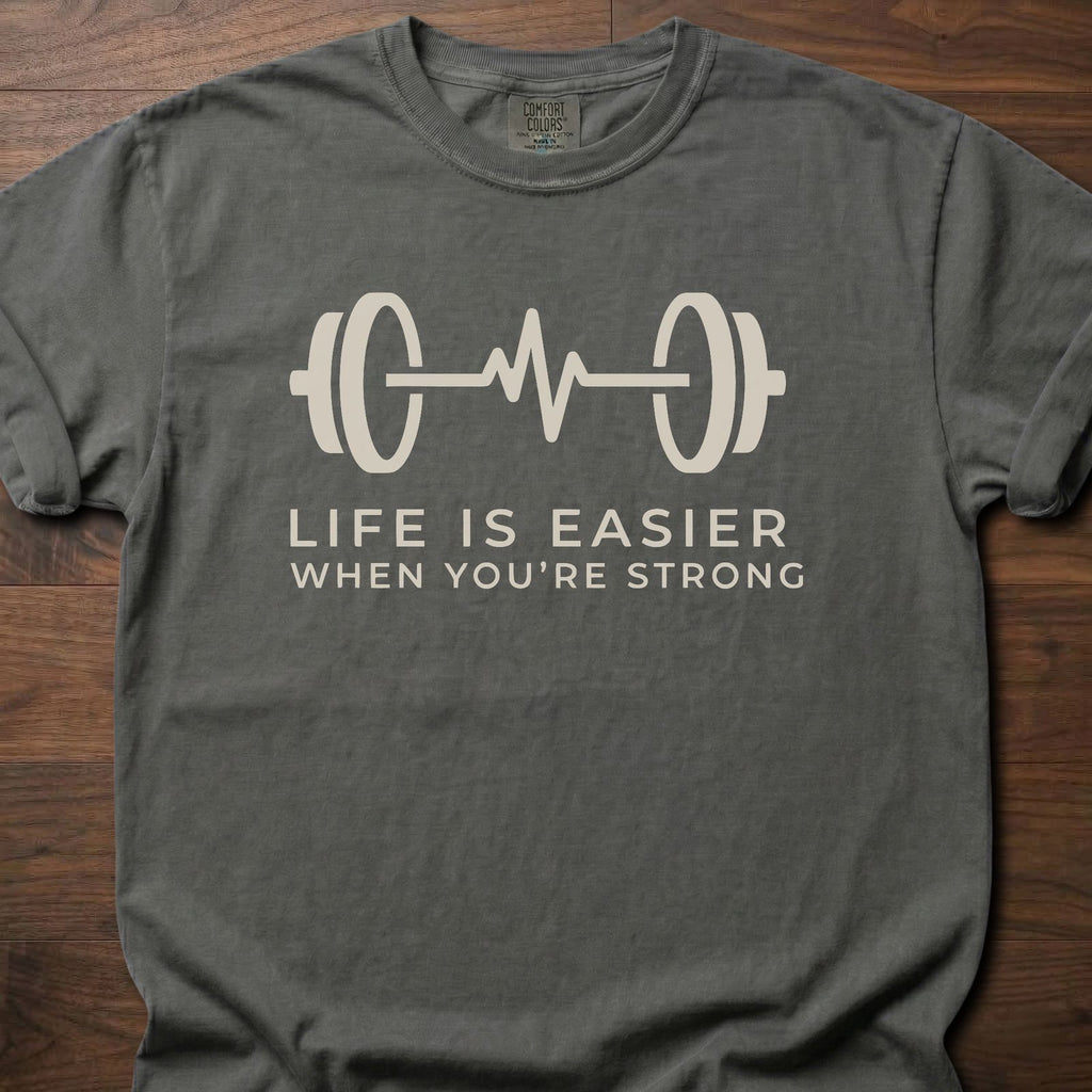 When You're Strong strength training t-shirt with barbell heartbeat design and motivational text – Pepper