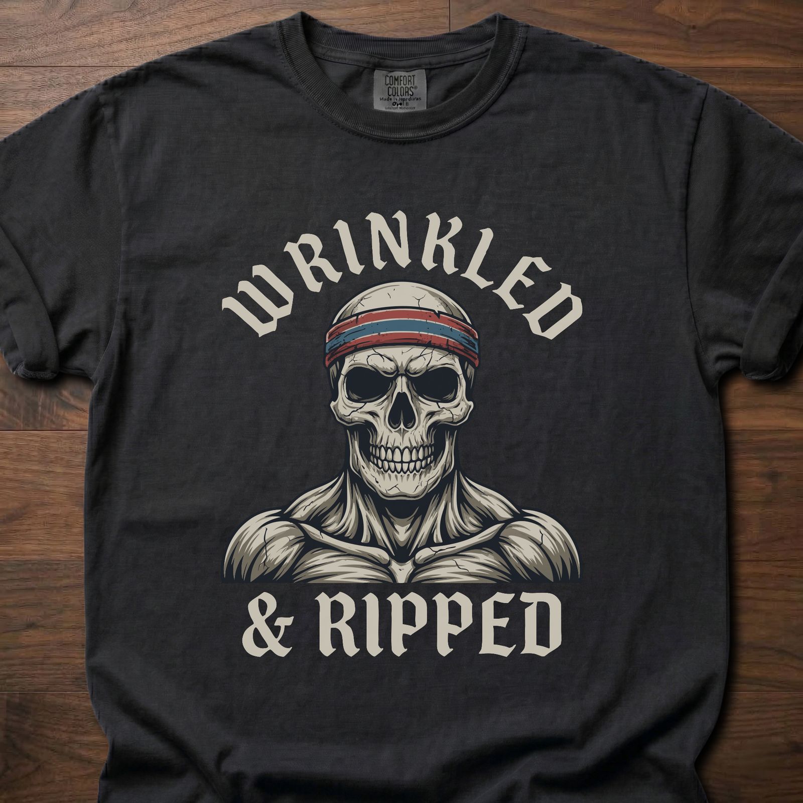 Wrinkled & Ripped fitness lifestyle t-shirt featuring muscular skull with headband graphic – Black