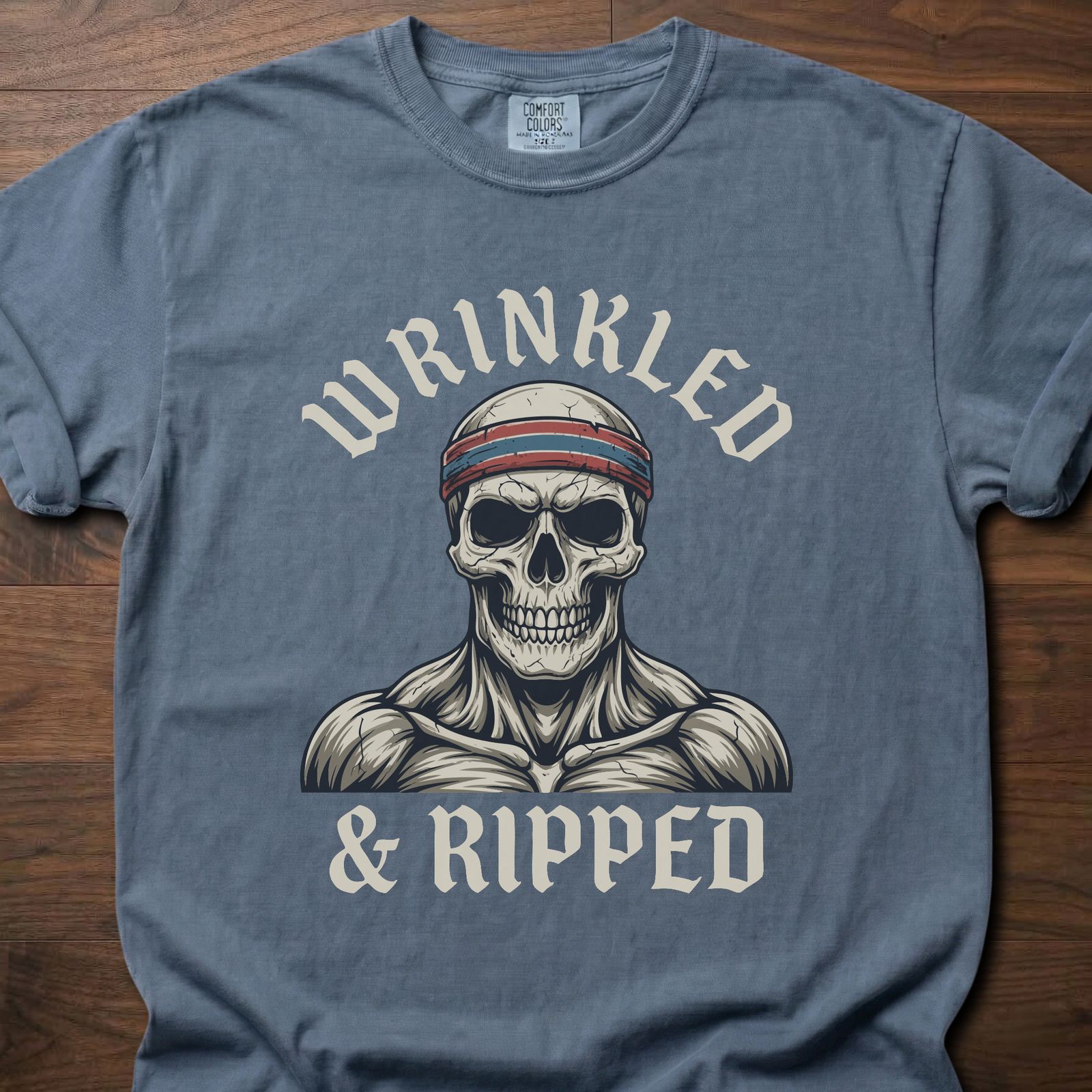 Wrinkled & Ripped fitness lifestyle t-shirt featuring muscular skull with headband graphic – Blue Jean