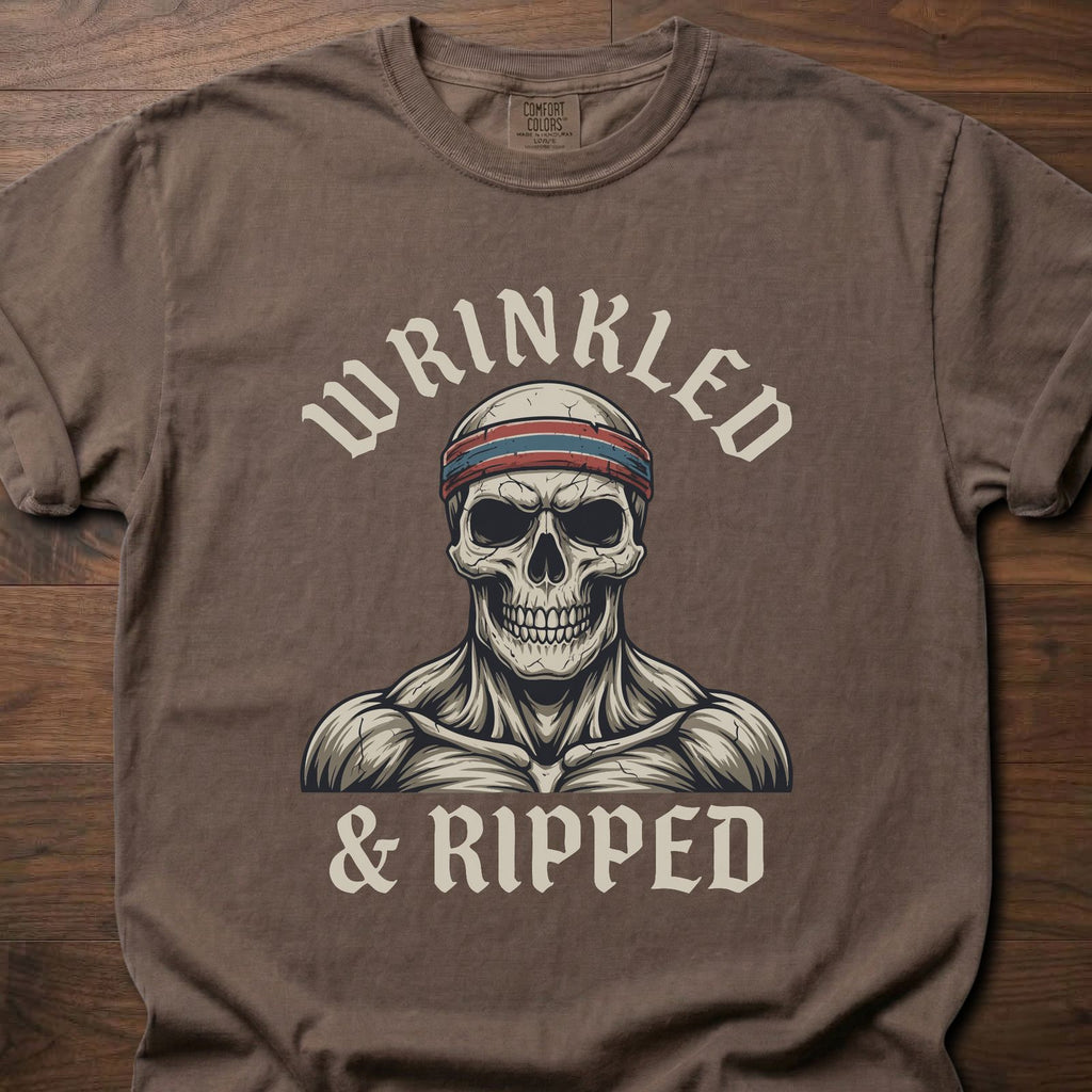 Wrinkled & Ripped fitness lifestyle t-shirt featuring muscular skull with headband graphic – Espresso