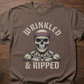Wrinkled & Ripped fitness lifestyle t-shirt featuring muscular skull with headband graphic – Espresso