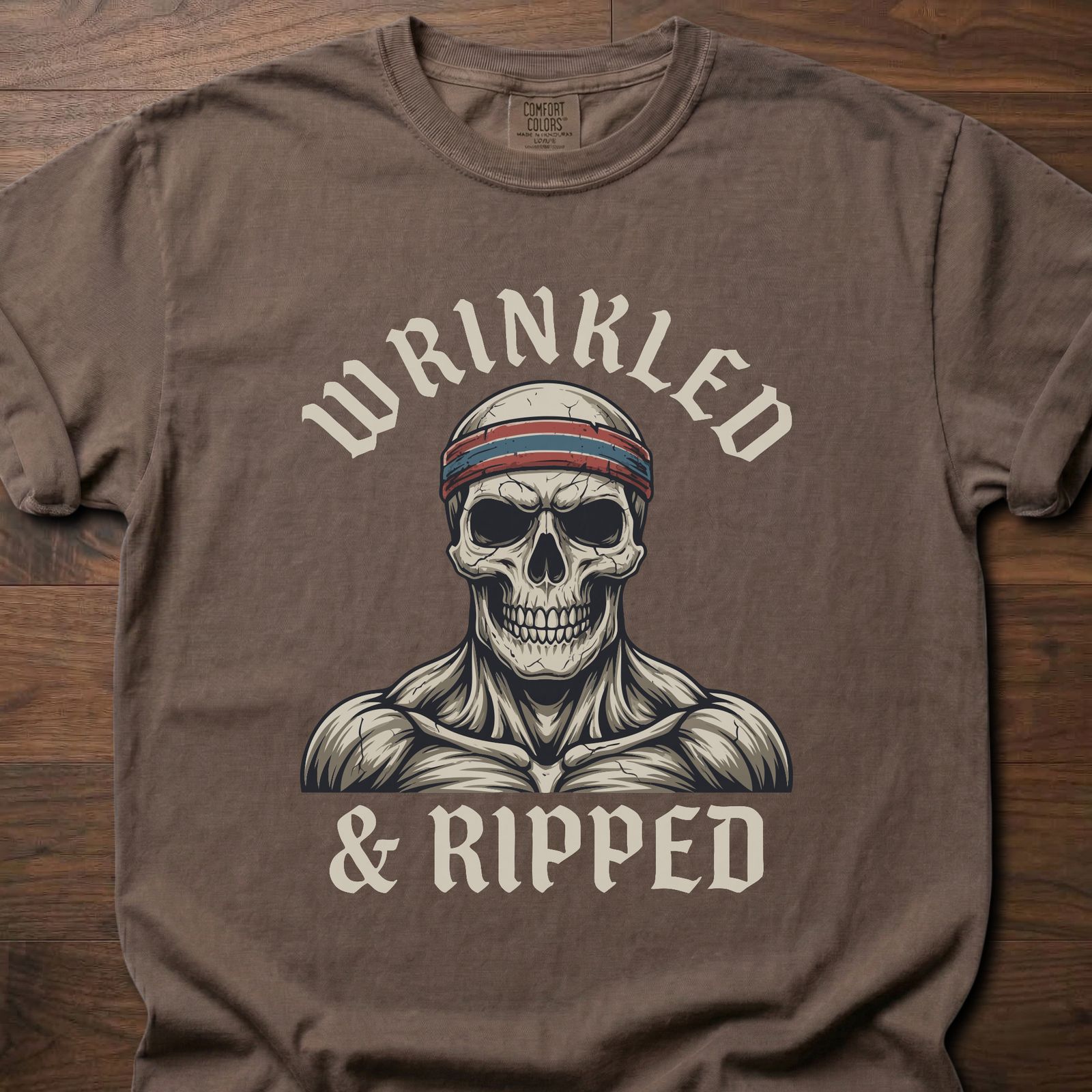 Wrinkled & Ripped fitness lifestyle t-shirt featuring muscular skull with headband graphic – Espresso
