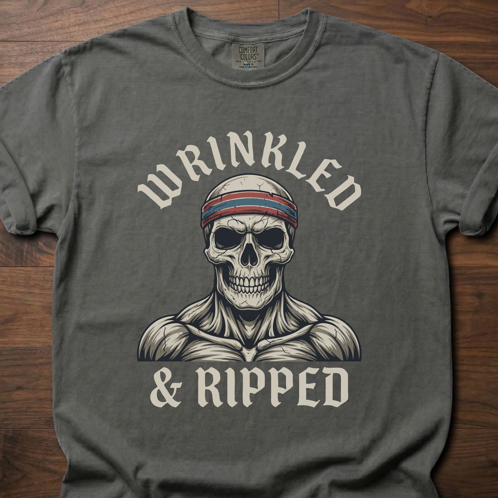 Wrinkled & Ripped fitness lifestyle t-shirt featuring muscular skull with headband graphic – Pepper