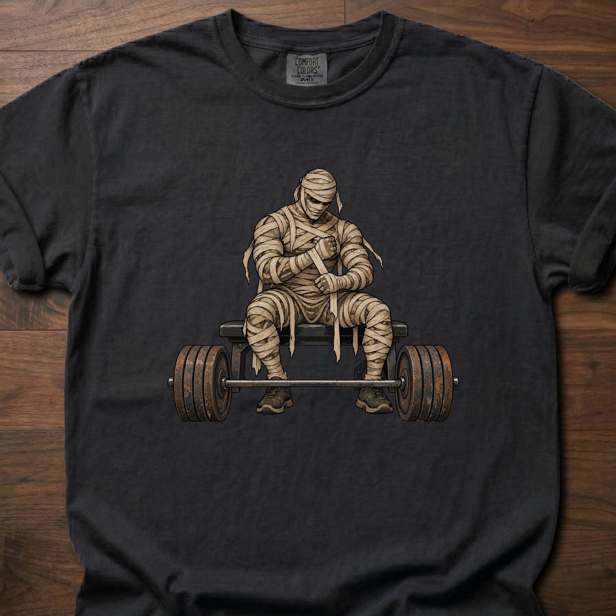 Wrist Wraps funny weightlifting shirt with vintage illustrated mummy lifter graphic – Black