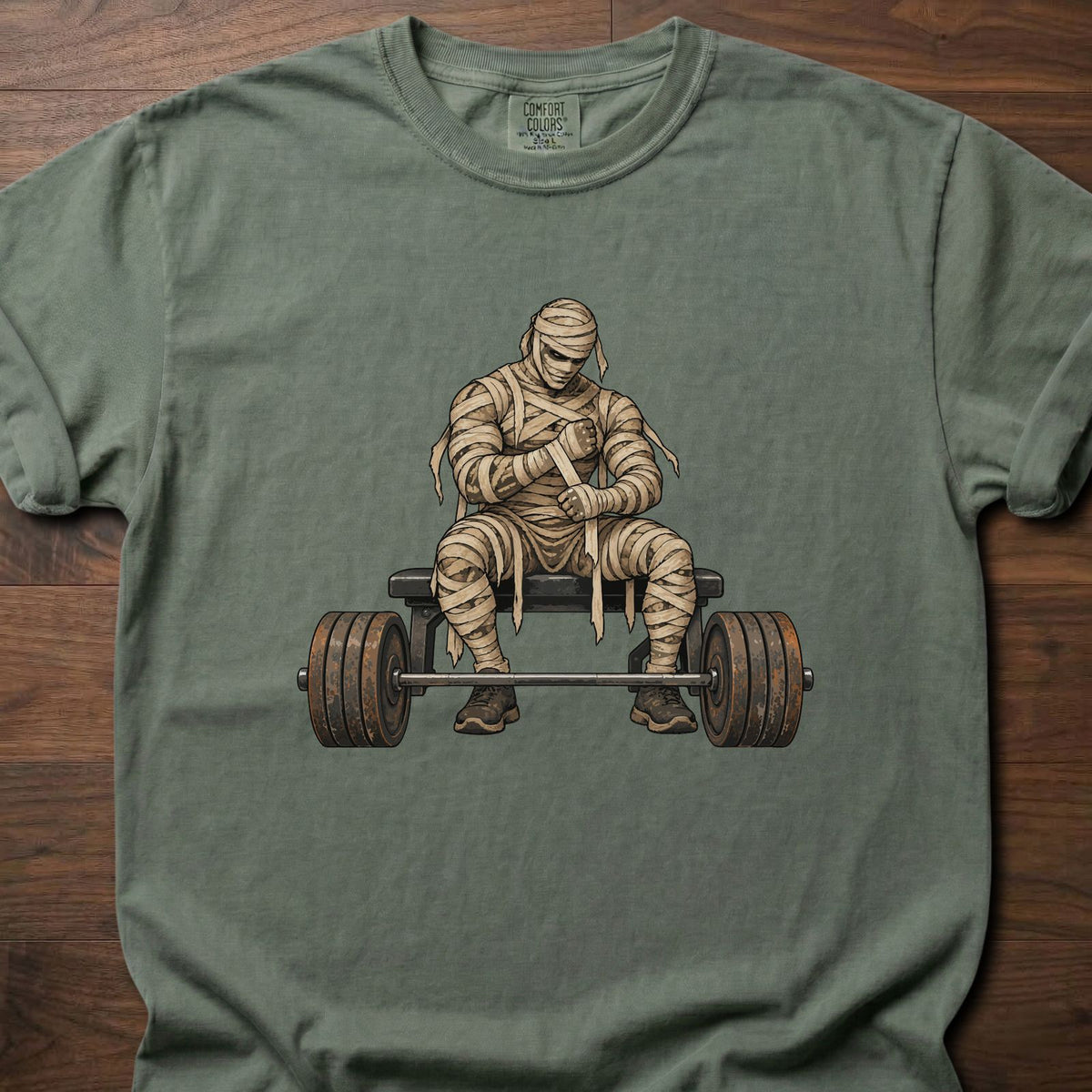 Wrist Wraps funny weightlifting shirt with vintage illustrated mummy lifter graphic – Moss