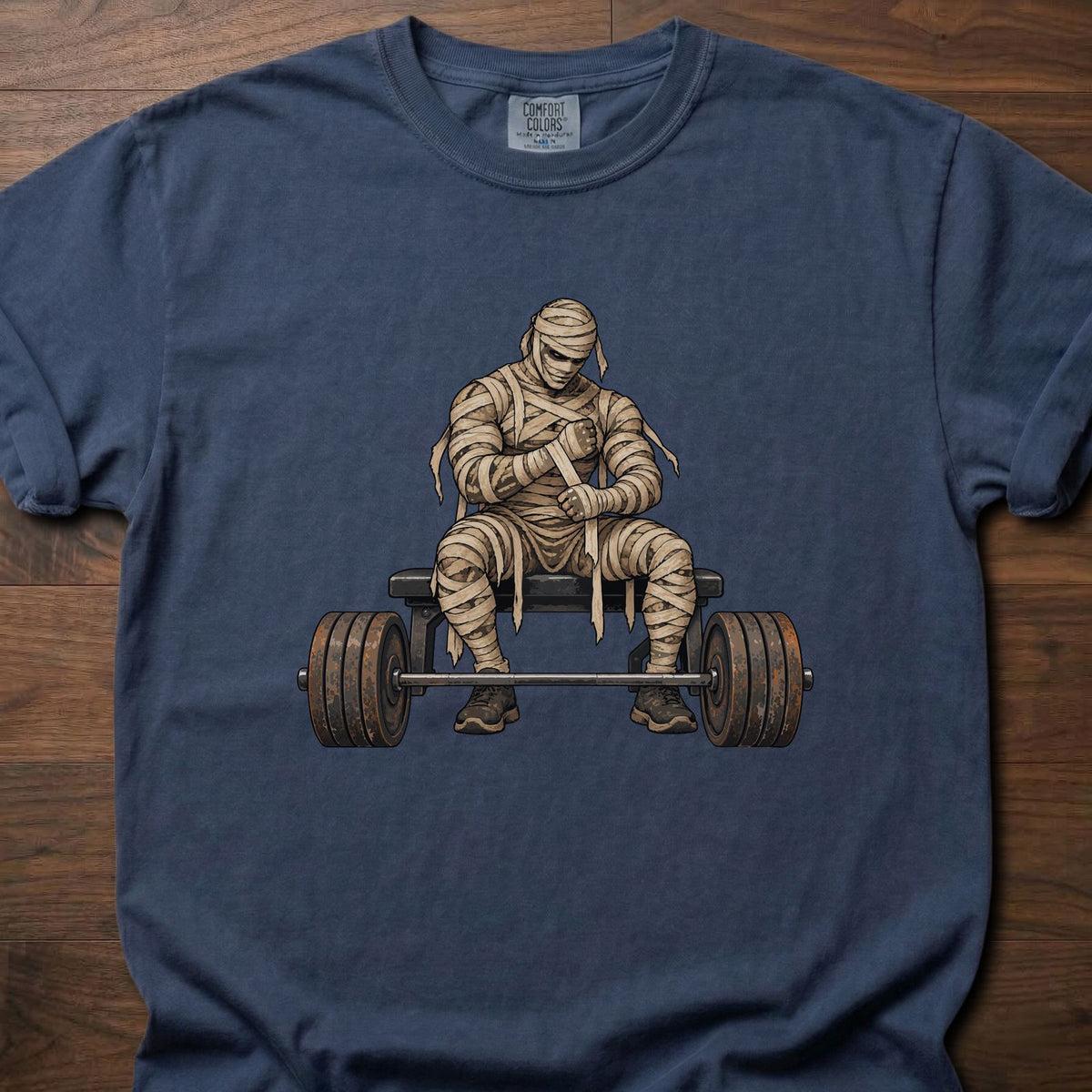 Wrist Wraps funny weightlifting shirt with vintage illustrated mummy lifter graphic – Navy
