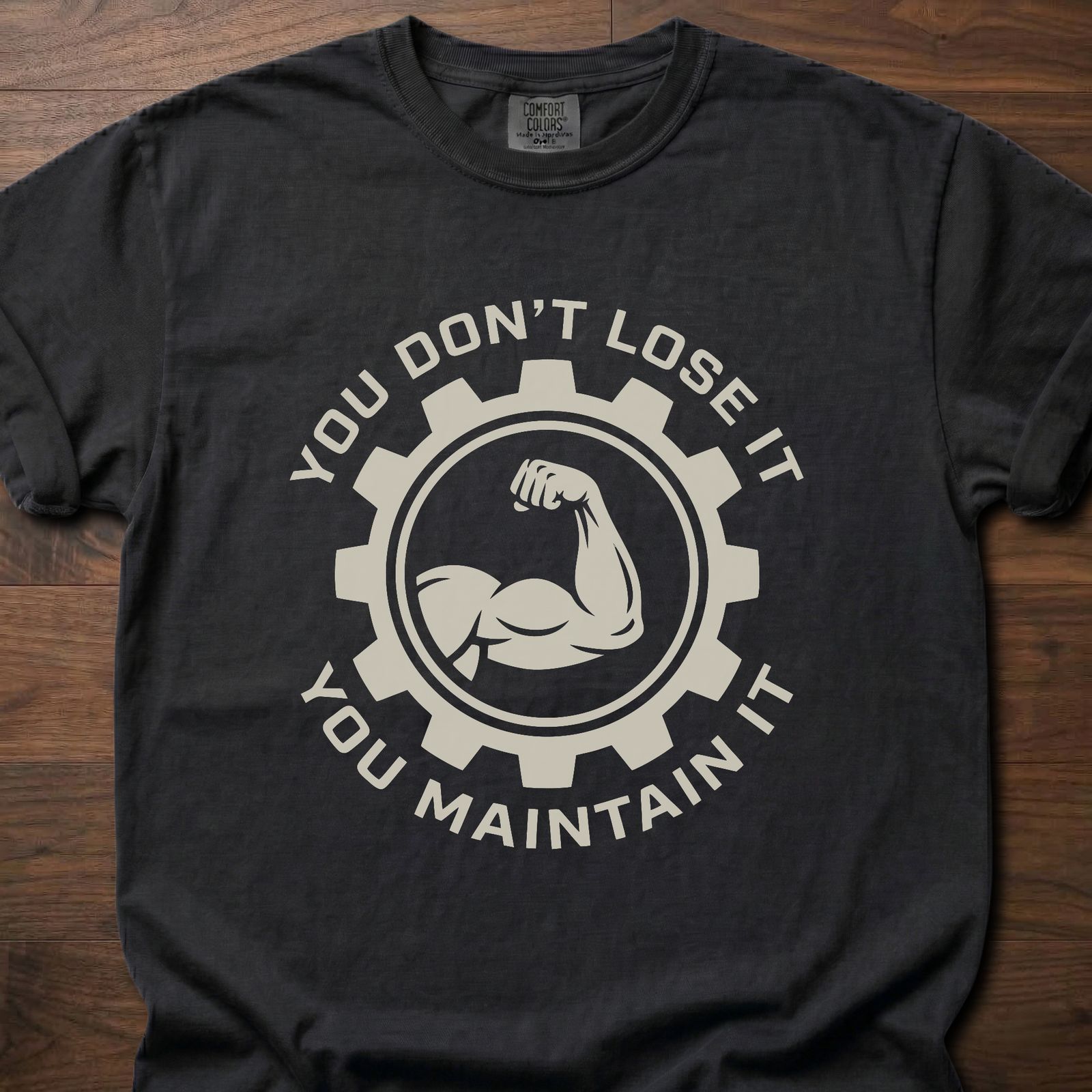 You Don't Lose It longevity fitness apparel with gear and muscle arm design – Black