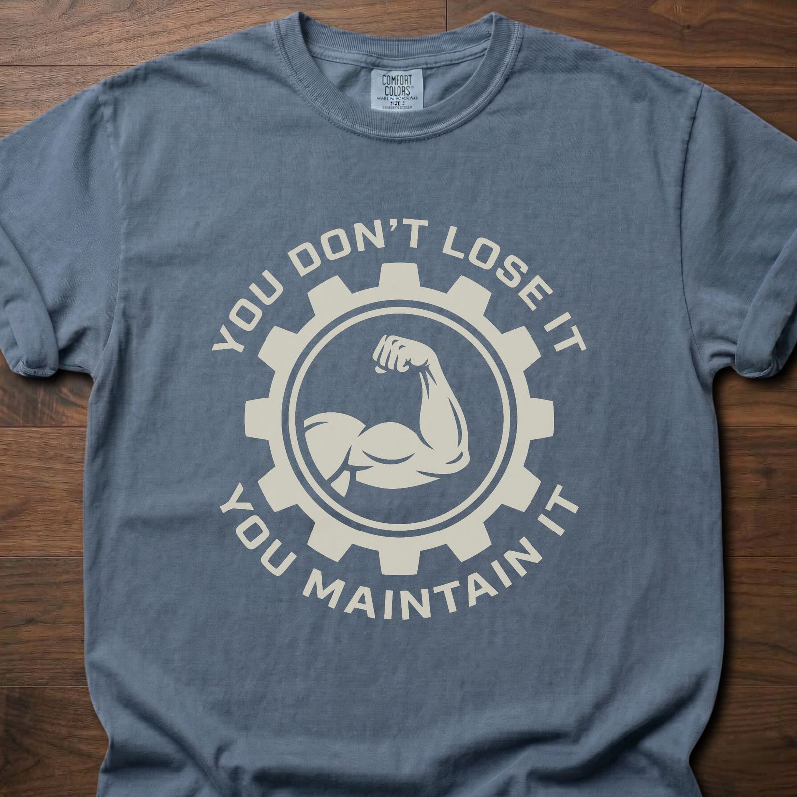 You Don't Lose It longevity fitness apparel with gear and muscle arm design – Blue Jean