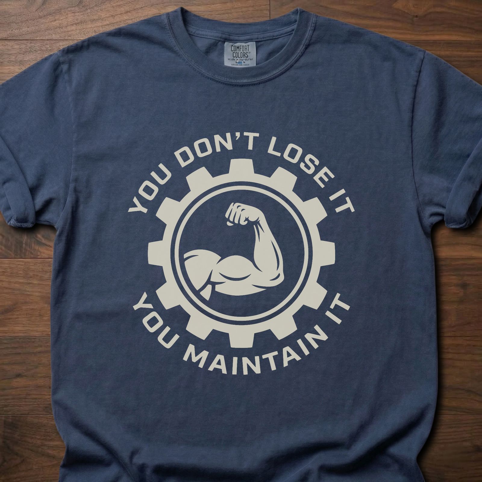You Don't Lose It longevity fitness apparel with gear and muscle arm design – Navy