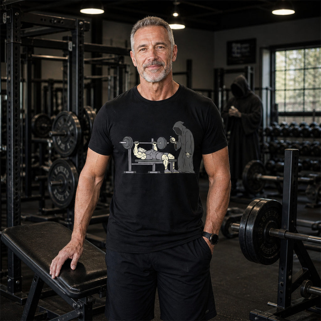 Man wearing a black t-shirt with a graphic design in a gym setting