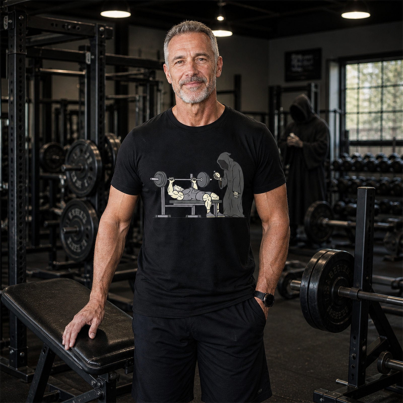 Man wearing a black t-shirt with a graphic design in a gym setting