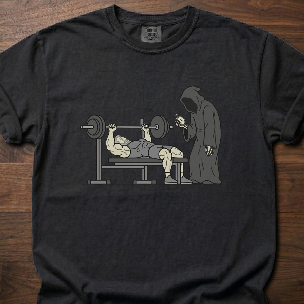 You'll Have To Wait fitness lifestyle apparel featuring muscular lifter bench pressing with grim reaper waiting – Black
