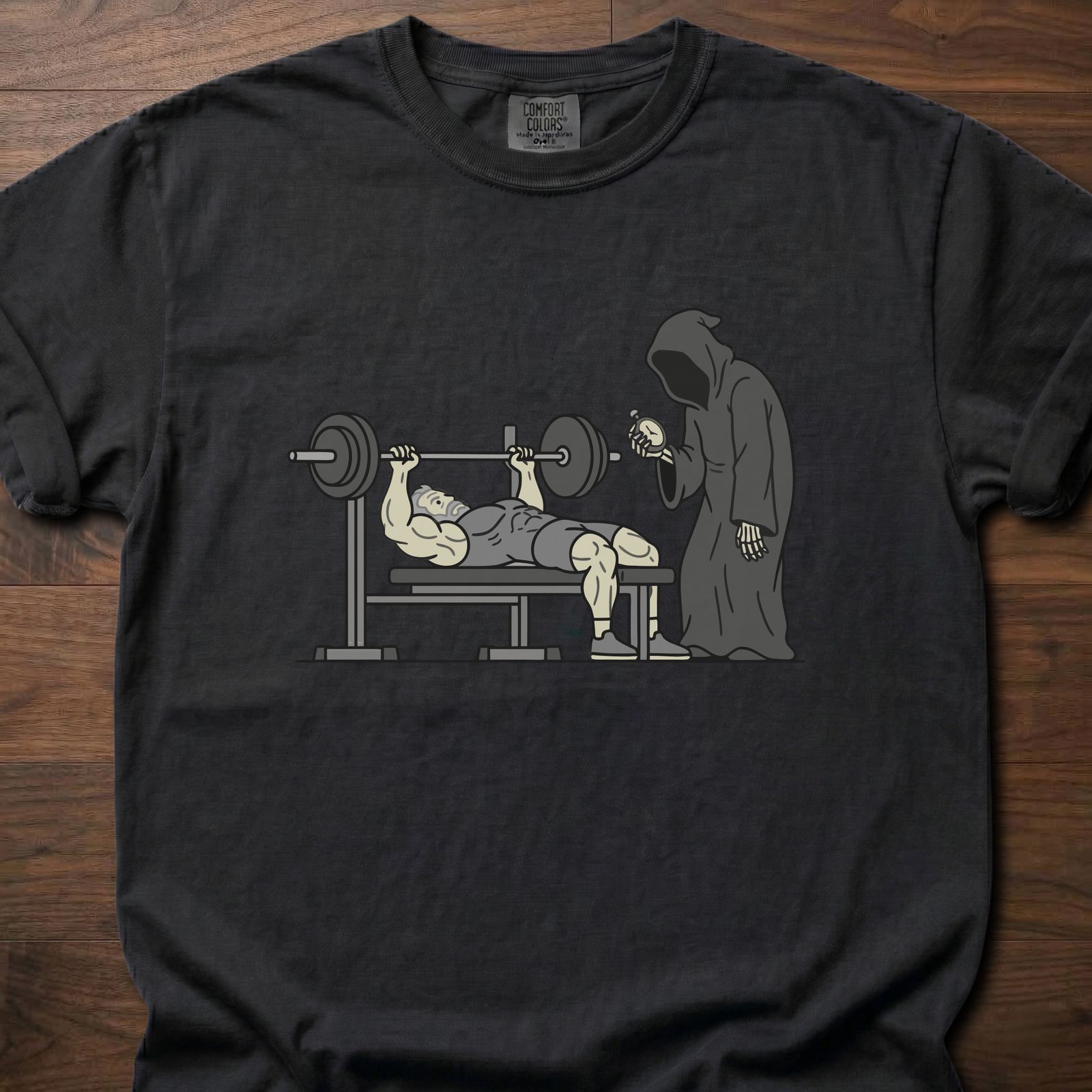 You'll Have To Wait fitness lifestyle apparel featuring muscular lifter bench pressing with grim reaper waiting – Black