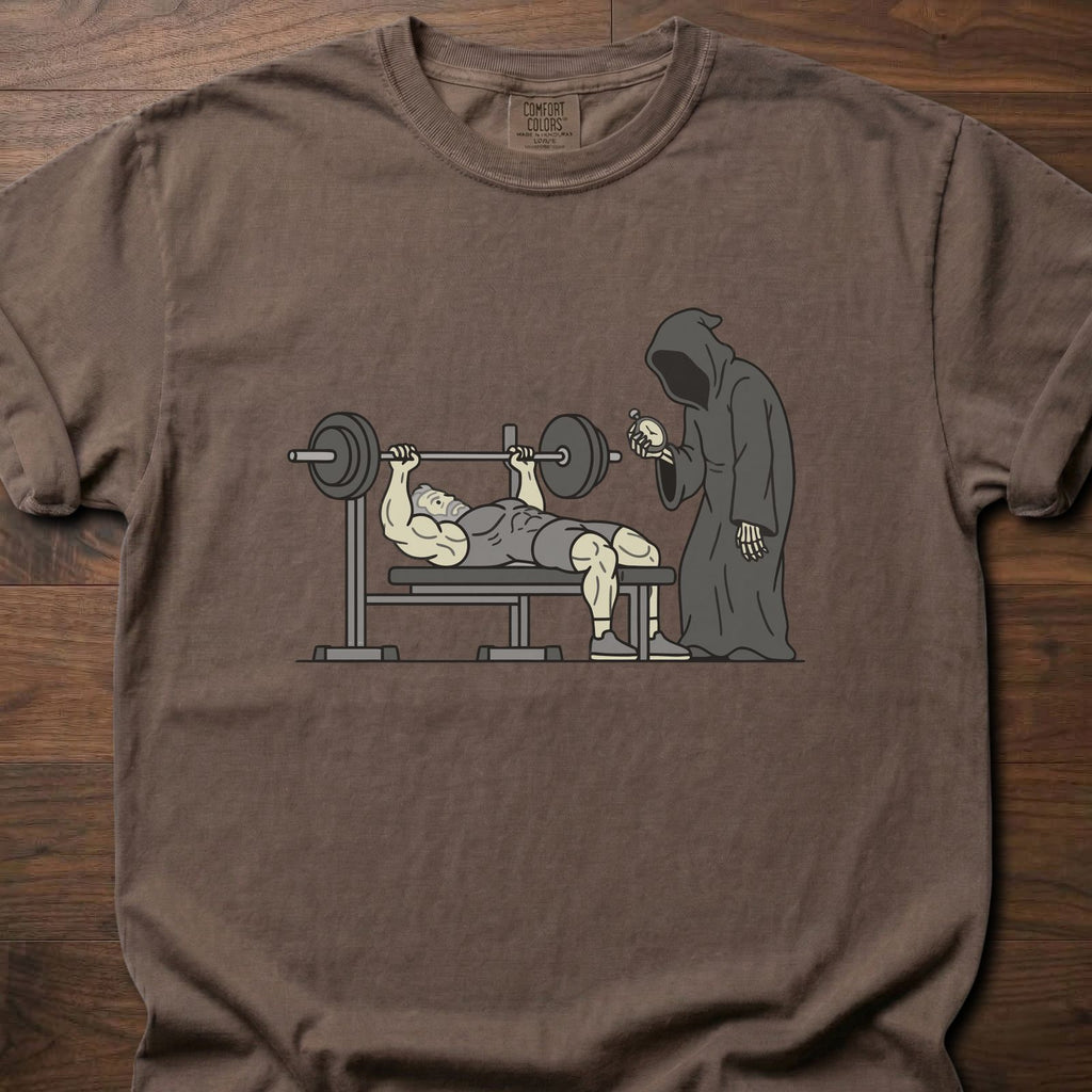 You'll Have To Wait fitness lifestyle apparel featuring muscular lifter bench pressing with grim reaper waiting – Espresso