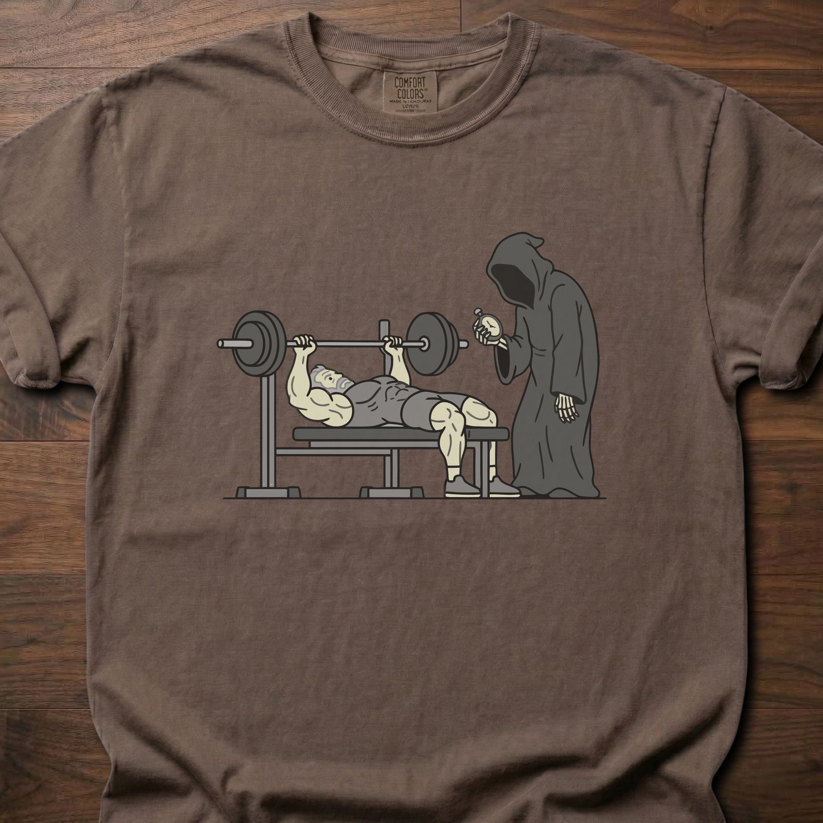You'll Have To Wait fitness lifestyle apparel featuring muscular lifter bench pressing with grim reaper waiting – Espresso