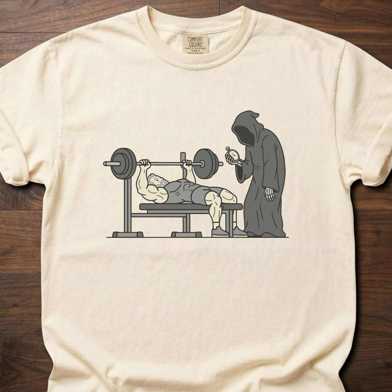 You'll Have To Wait fitness lifestyle apparel featuring muscular lifter bench pressing with grim reaper waiting – Ivory